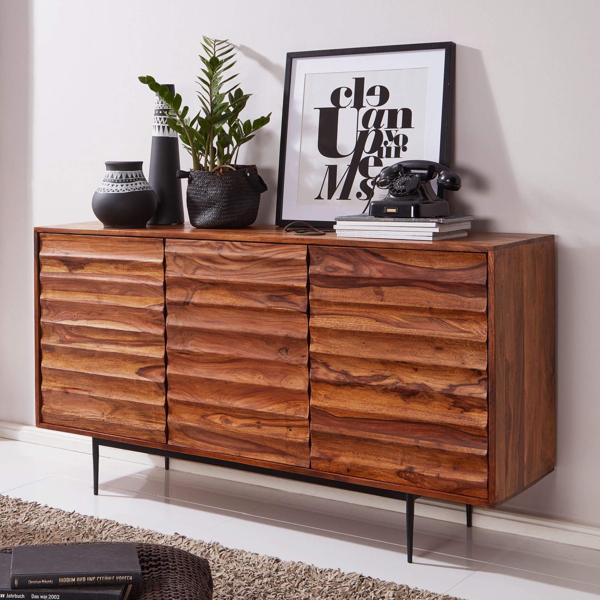 furnicato Sideboard Massivholz Walnuss Finish 150x81x41 cm Braun (1 St), Push-to-Open Anrichte mit 3 Fächern für dein Wohnzimmer