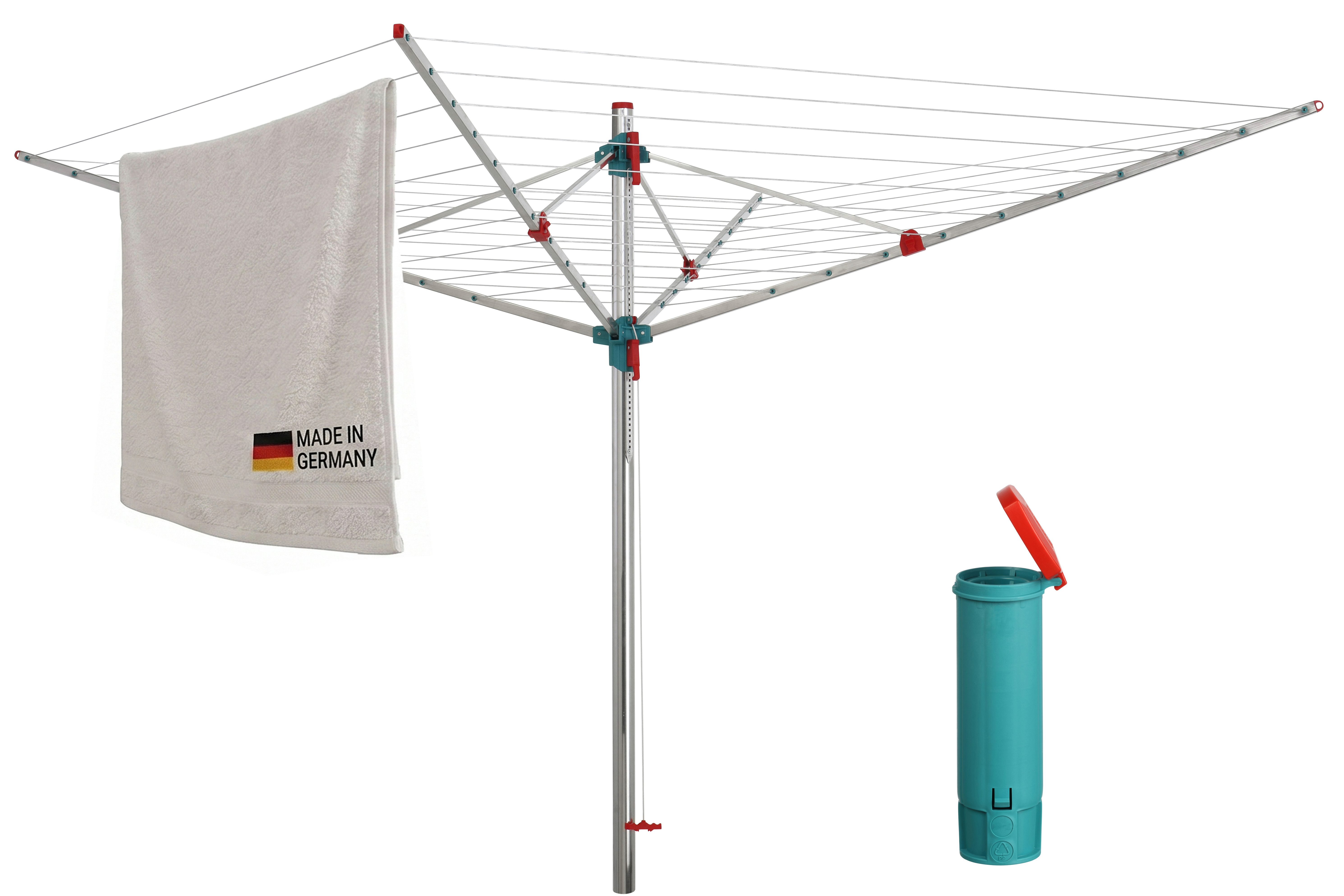 Dekoline Wäschespinne Idea, inkl. eindrehbarer Bodenhülse und Schutzhülle, Made in Germany, Bodenhülse eindrehbar und Schutzhülle