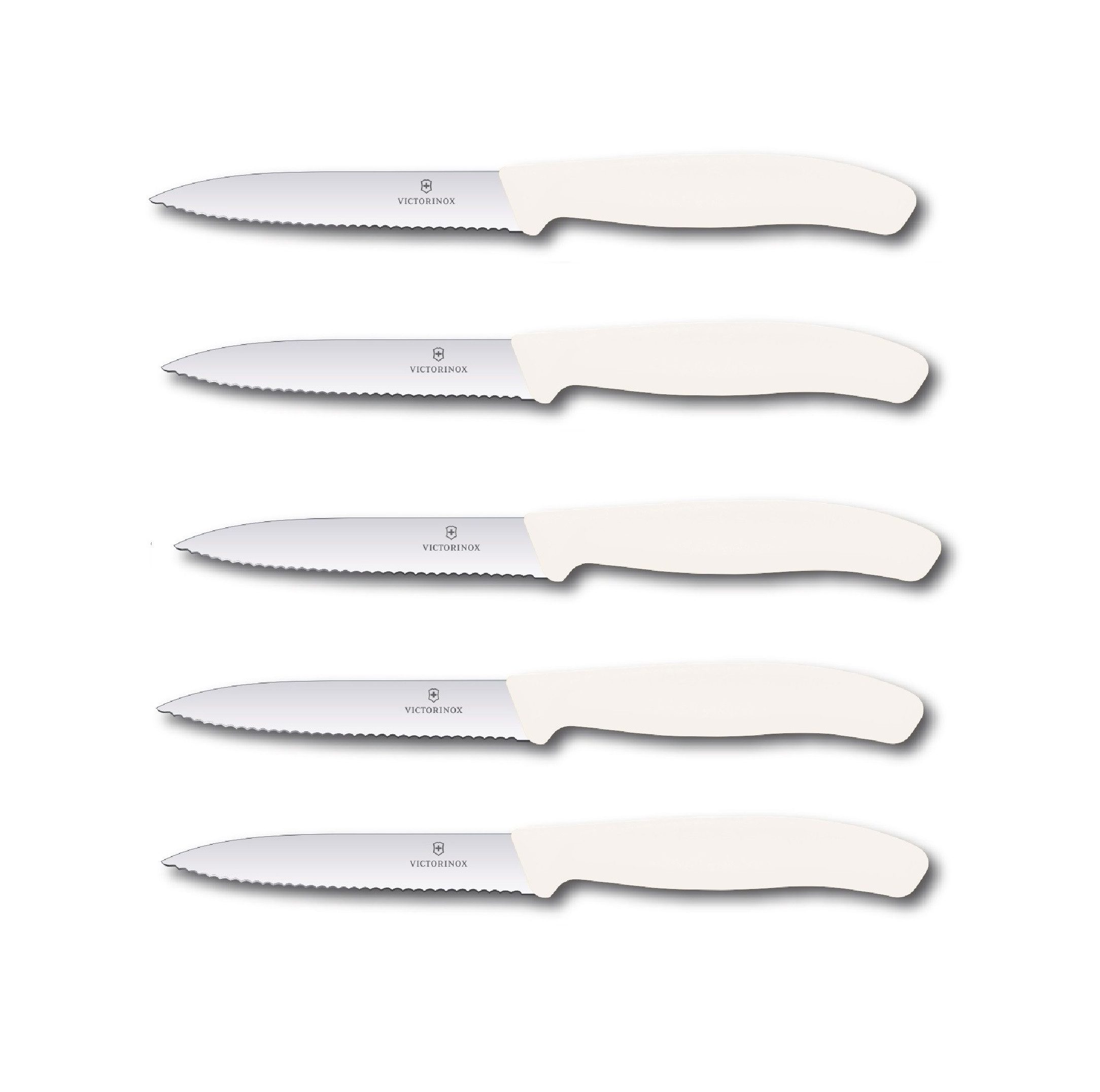 Victorinox Tafelmesser Swiss Classic Gemüsemesser Set 10 cm Wellenschliff, 5er Set ideal für präzises Schneiden und Schälen, perfekt für Tomaten, Weiß