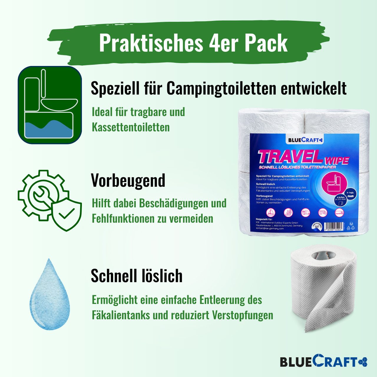 BlueCraft Campingtoilette Camping Granulat-Set 900g Absorber & 4er-Pack Toilettenpapier Outdoor, (inkl. Dosierlöffel & 4er Pack Toilettenpapier), Nimmt bis zu 500-fach Flüssigkeit auf