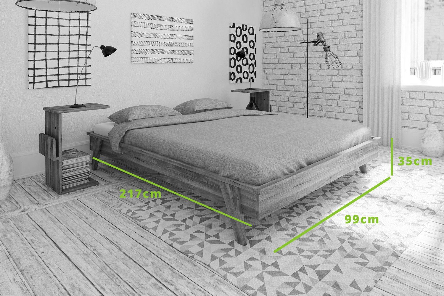 Natur24 Einzelbett Bett Jetro 3 Wildeiche massiv 140x200cm ohne Kopfteil  mit Holzbeinen