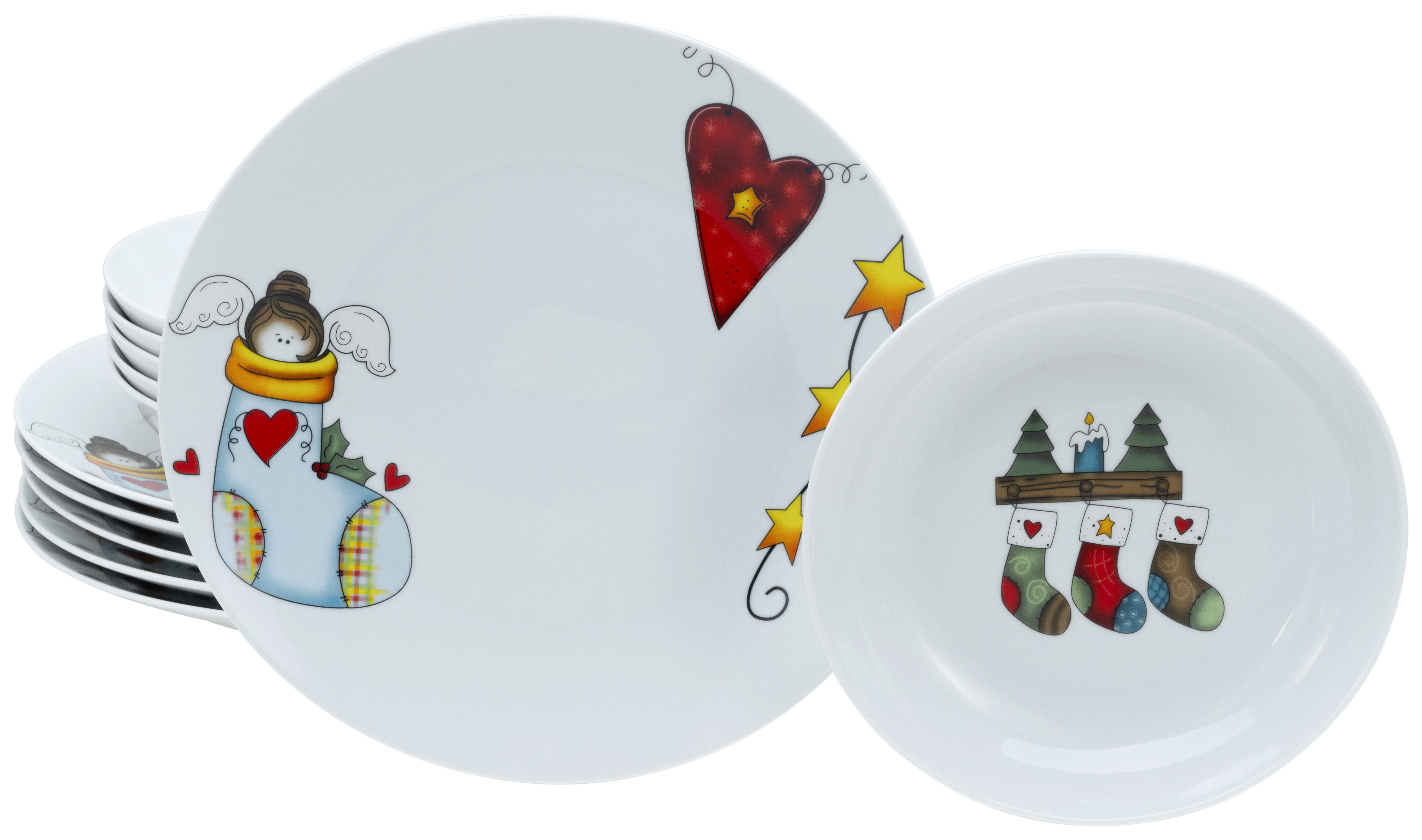 CreaTable Столовый сервиз Luna Socken, Tafel-Service 12-tlg (12-tlg), 6 Personen, Porzellan, Winterlicher Dekor mit lustigen Sockenmotiven