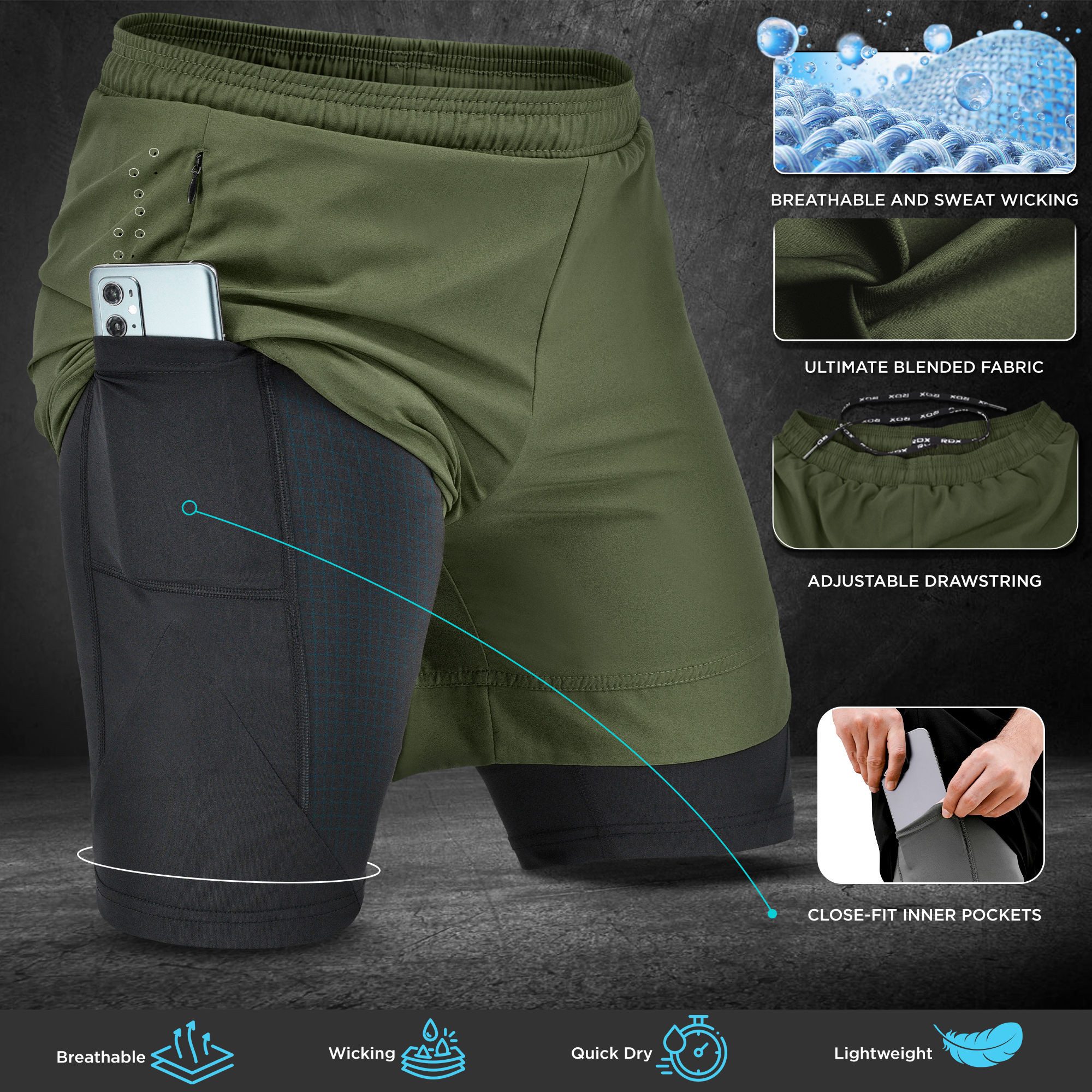 RDX Sports Laufshorts RDX Herren Laufshorts, 2-in-1 Sportliche Atmungsaktiv günstig online kaufen
