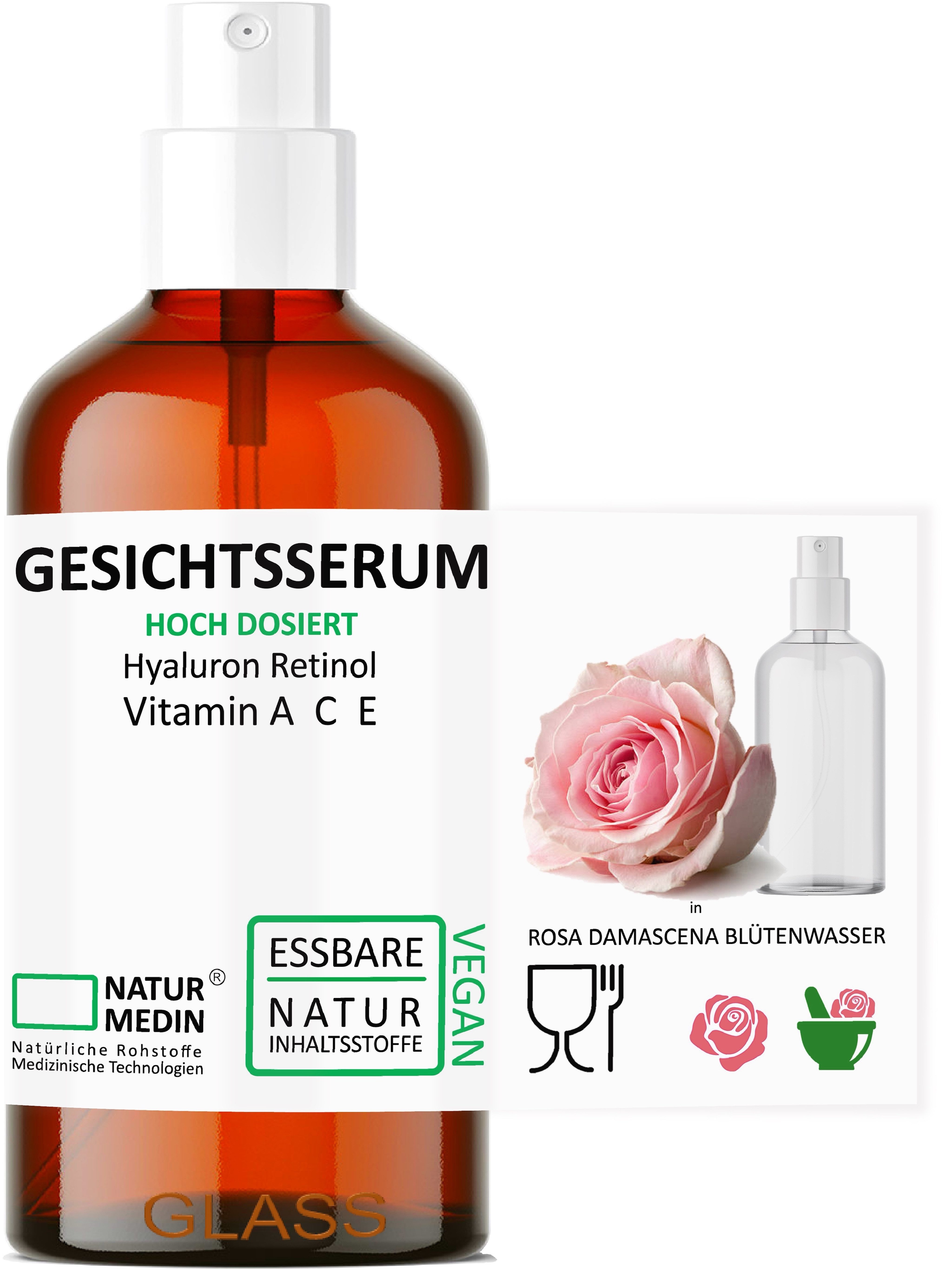 Naturmedin Gesichtsserum Gesichtsserum Rosenwasser Hyaluron Vitamin A C E 50ml