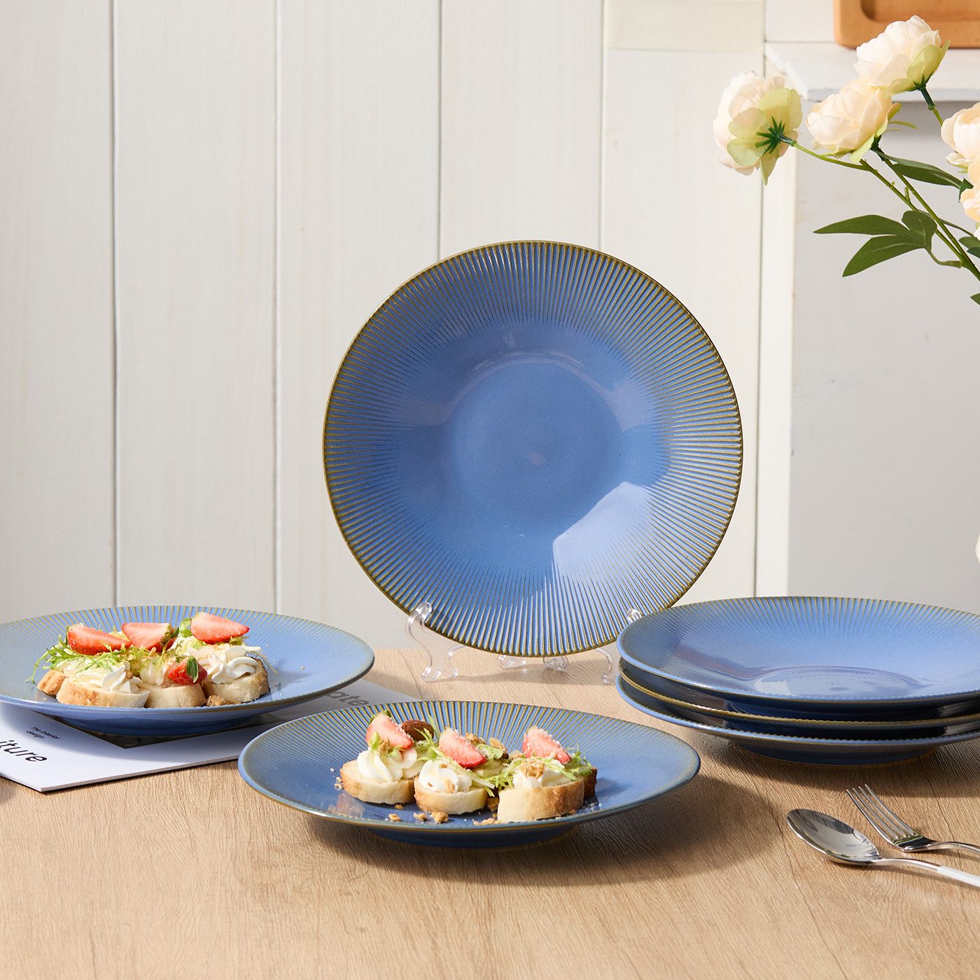 JIWOO Teller 6er Ø27cm, Speiseteller Pastateller Dessertteller Salatteller Plate, (6 St), 10 Zoll Keramik Tellerset Blau Mikrowellen spülmaschinenfest