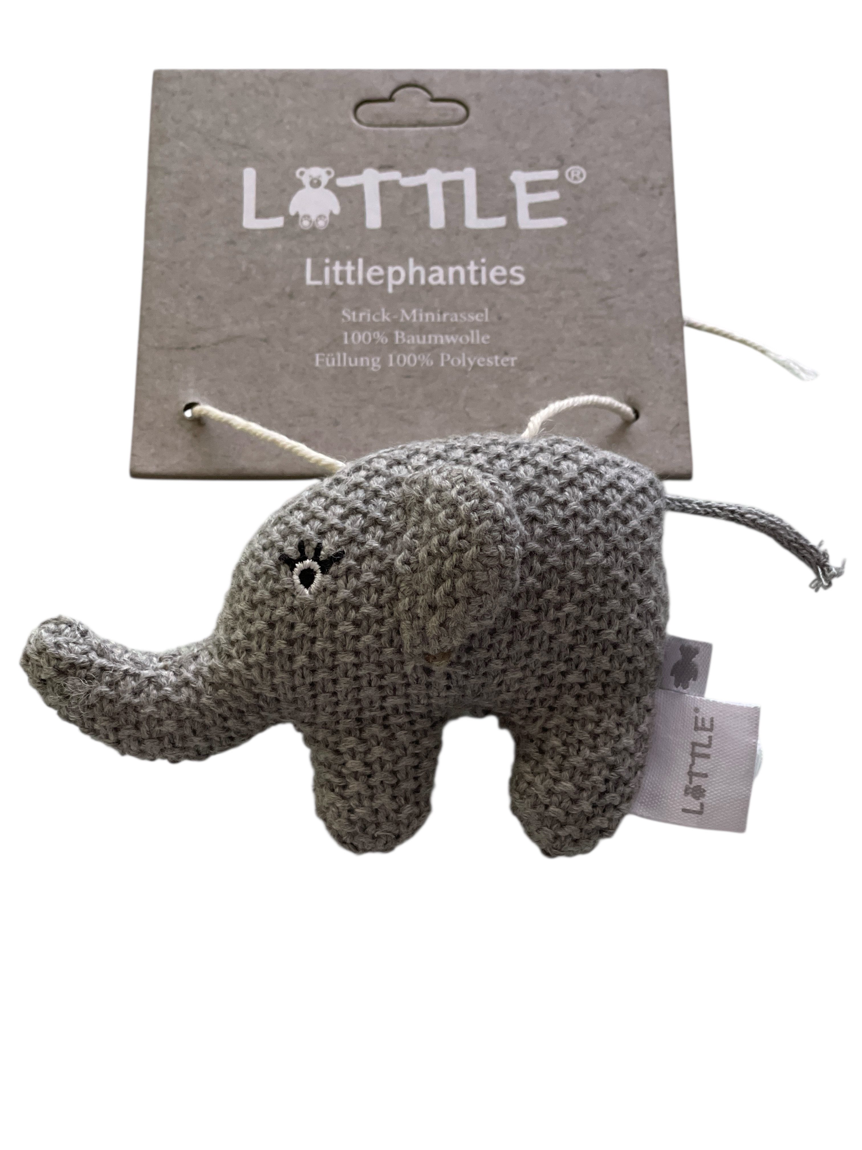 LITTLE Kuscheltier-Rassel Elefant, Strick-Minirassel Elefant – Grau, 6x10 cm – Handgefertigt