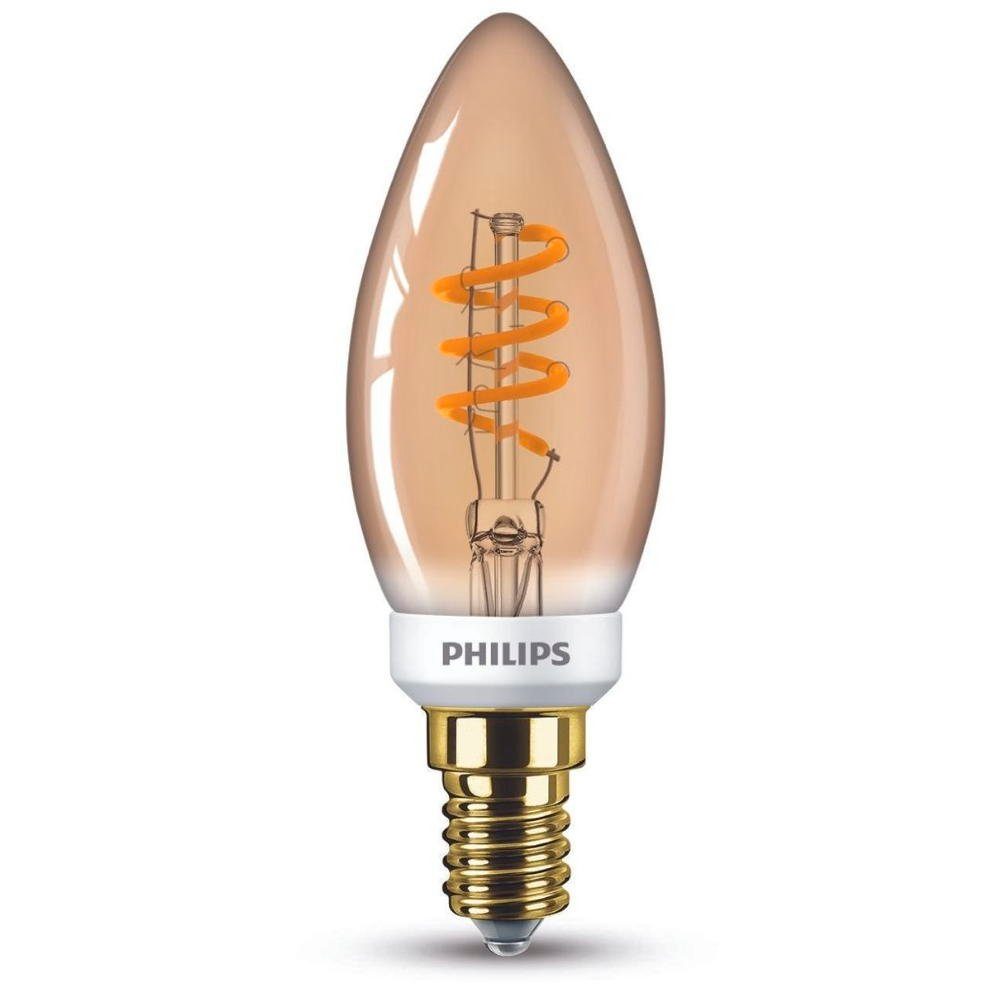 Philips LED-Leuchtmittel LED Lampe ersetzt 15W, E14 Kerzenform B35, gold, warmweiß, 136 Lumen, n.v, warmweiss