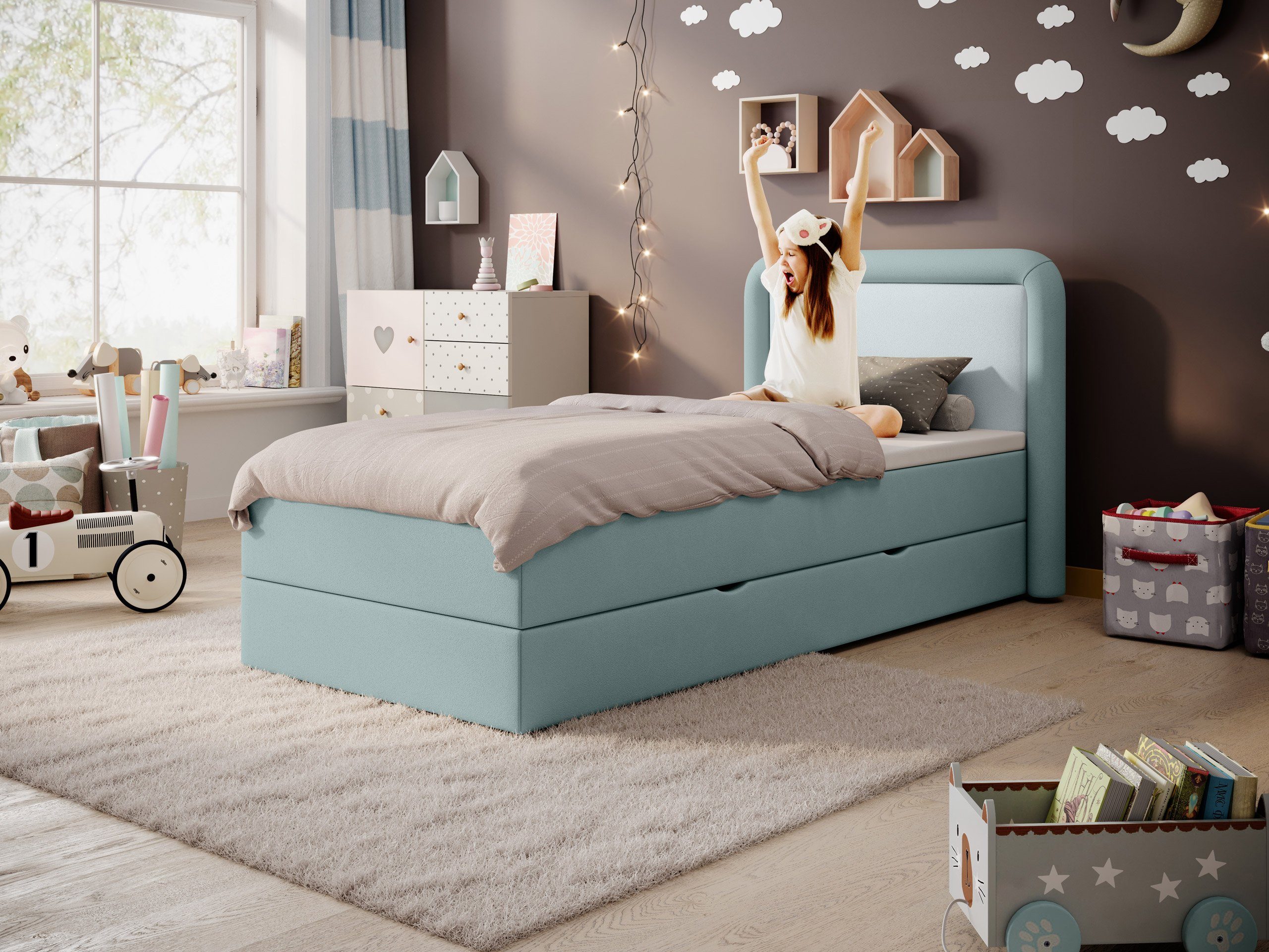 wonello Kinderbett Silea 1, Mädchenbett 90x200 cm mit Bettkasten und Topper blau