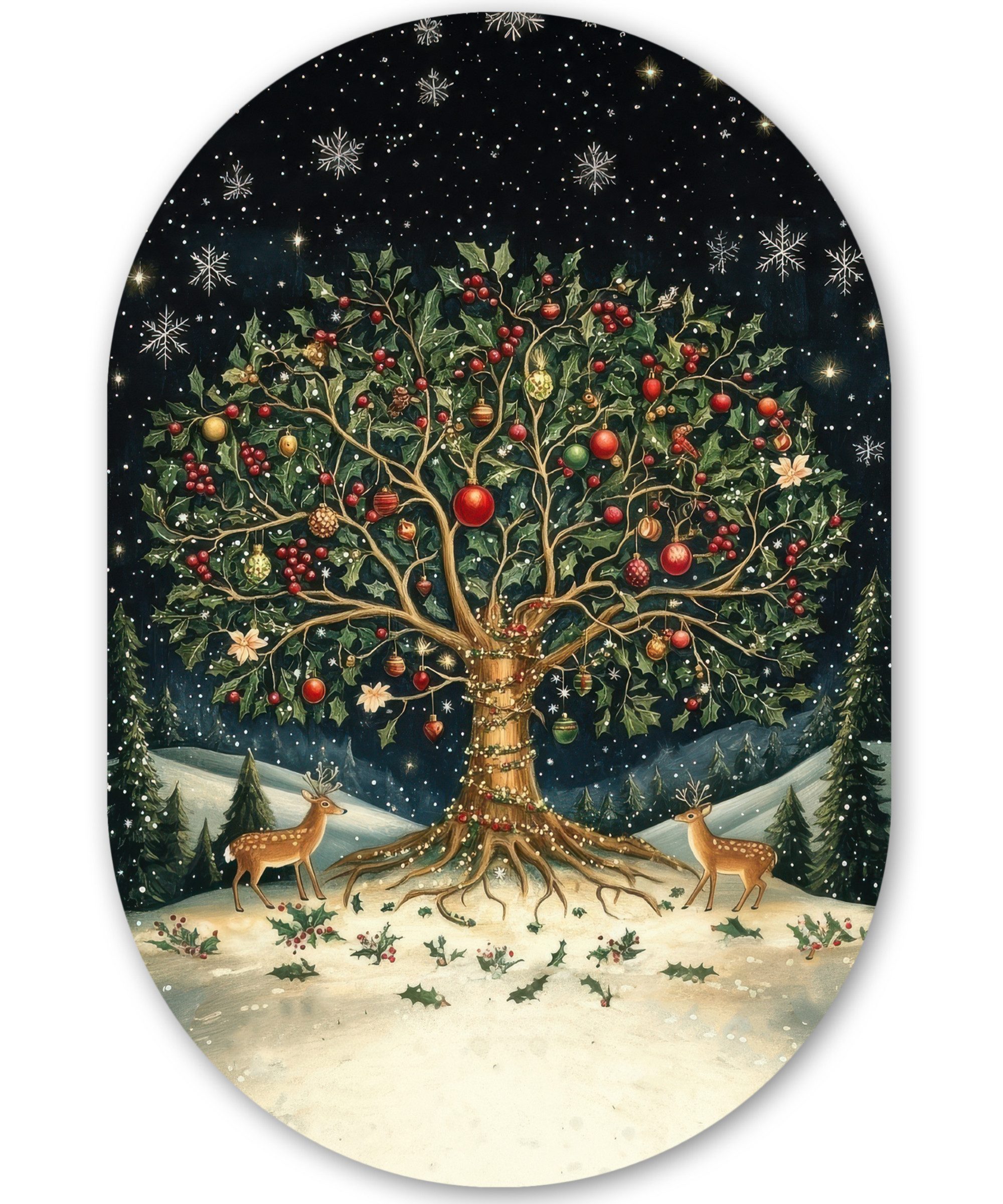 MuchoWow Gemälde Partybaum - Winterhimmel - Farbenfroh, Fotodruck (1 St), Wandbild Oval, Wohnzimmer oder Schlafzimmer Wanddekoration, 40x60 cm
