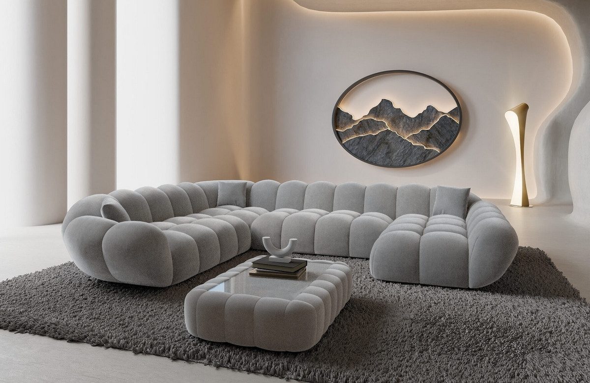 Sofa Dreams Wohnlandschaft Maleron XXL Polster Couch, Stoffsofa, 6-Sitzer, Ottomane rechts, Samtstoff in Hellgrau