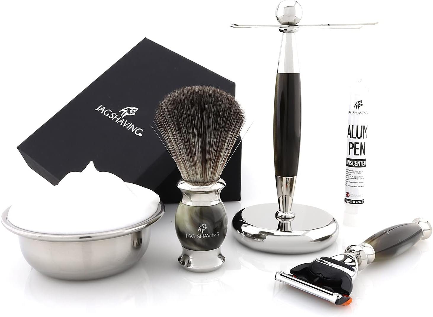 JAG SHAVING Rasierpinsel-Set Herren-Rasierpinsel-Set, Premium Jag Shaving Kunsthaar, Systemrasierer, Set, 5 tlg., Rasierset mit zusätzlichem Rasierzubehör für eine klassische Rasur., beste Erfahrung beim manuellen Speichern