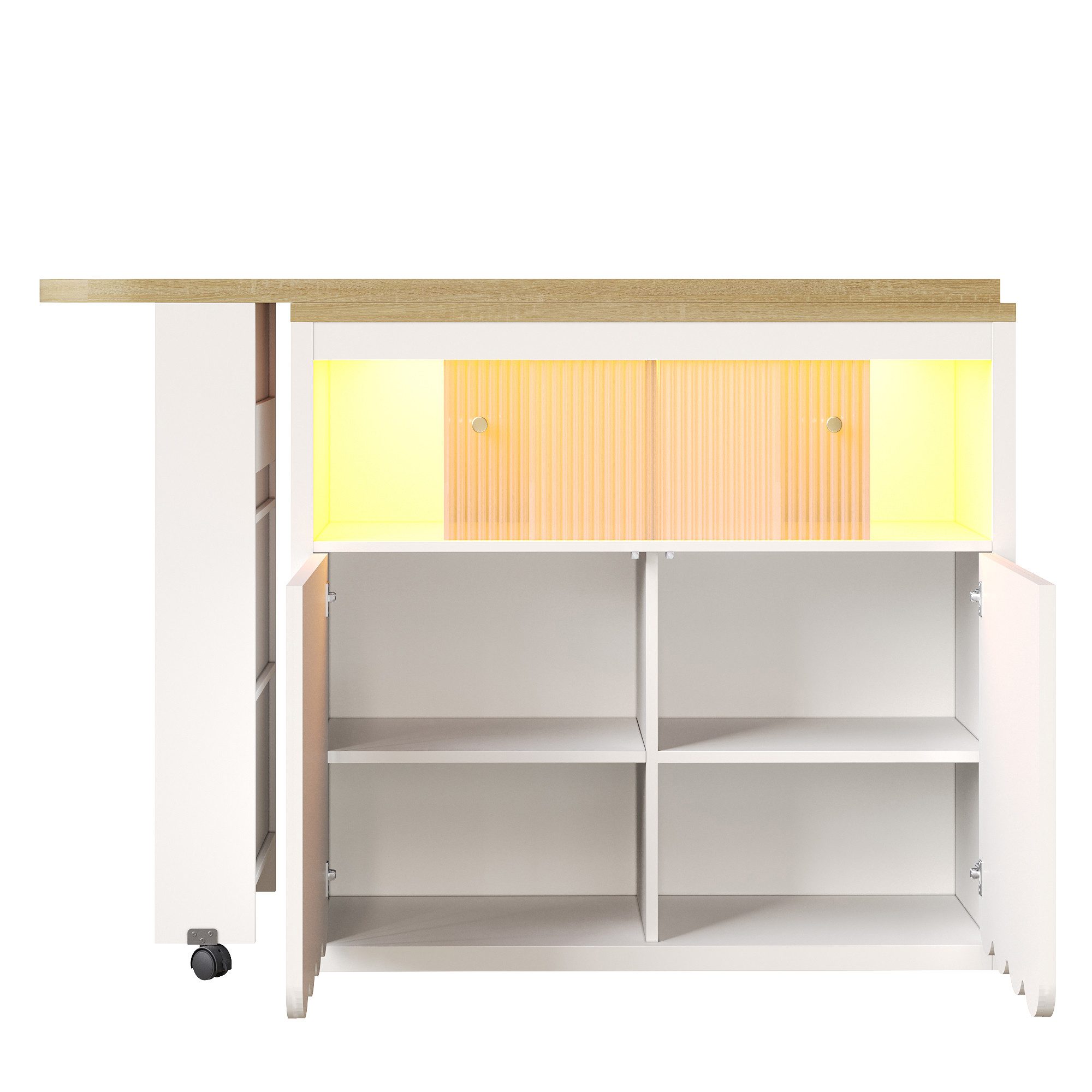 Flieks Bartisch mit 360° drehbar Tisch, LED-Beleuchtung und Glas-Schiebetüren (Set, 2-St., mit Rollen und verstellbaren Einlegeböden, 135-205×39×100cm), beweglicher Stehtisch Küchenschrank mit zaunförmige Türen Weiß