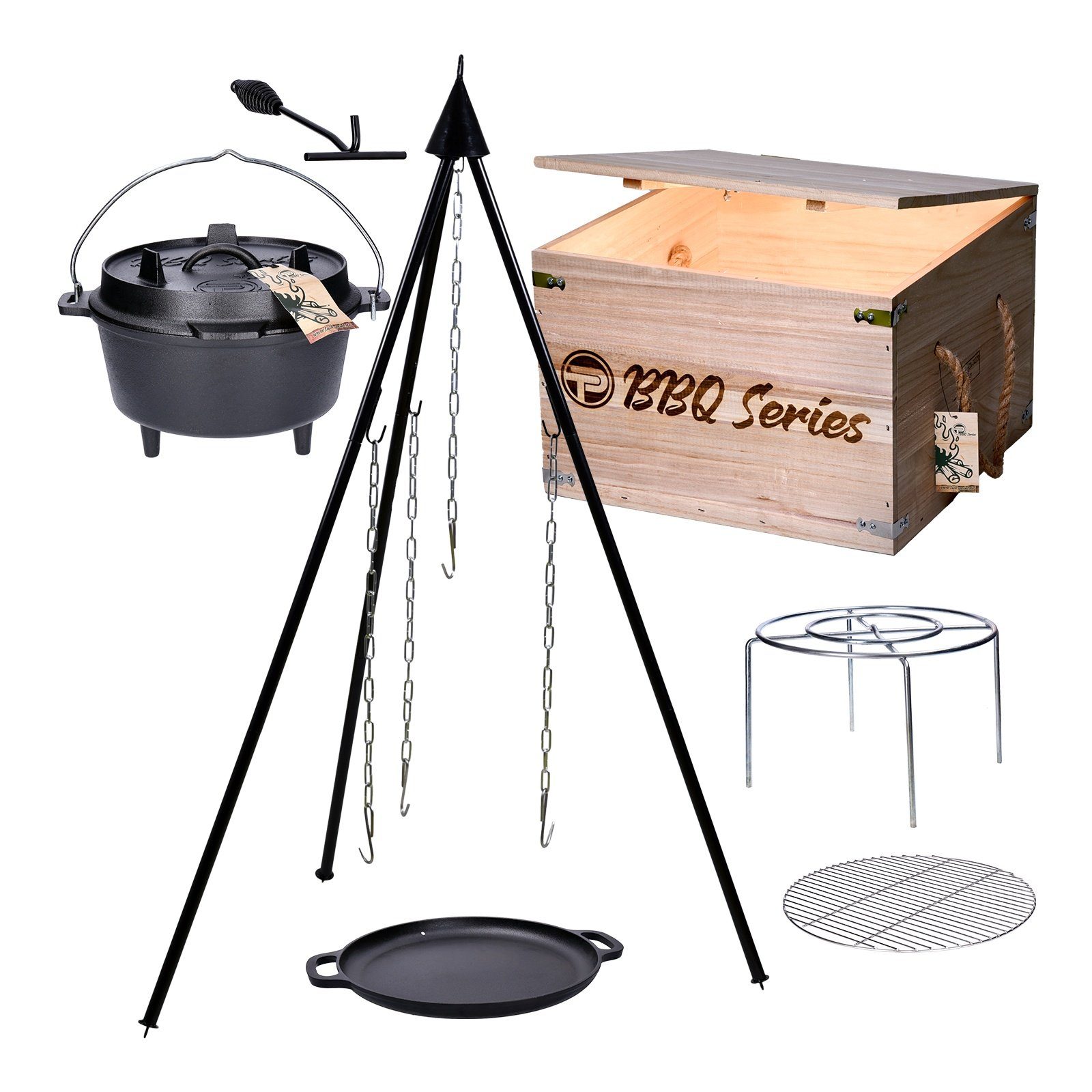 TP Schmortopf Dutch Oven, Feuertopf Geschenk-Set in Holzkiste Potjie Kessel aus Guss