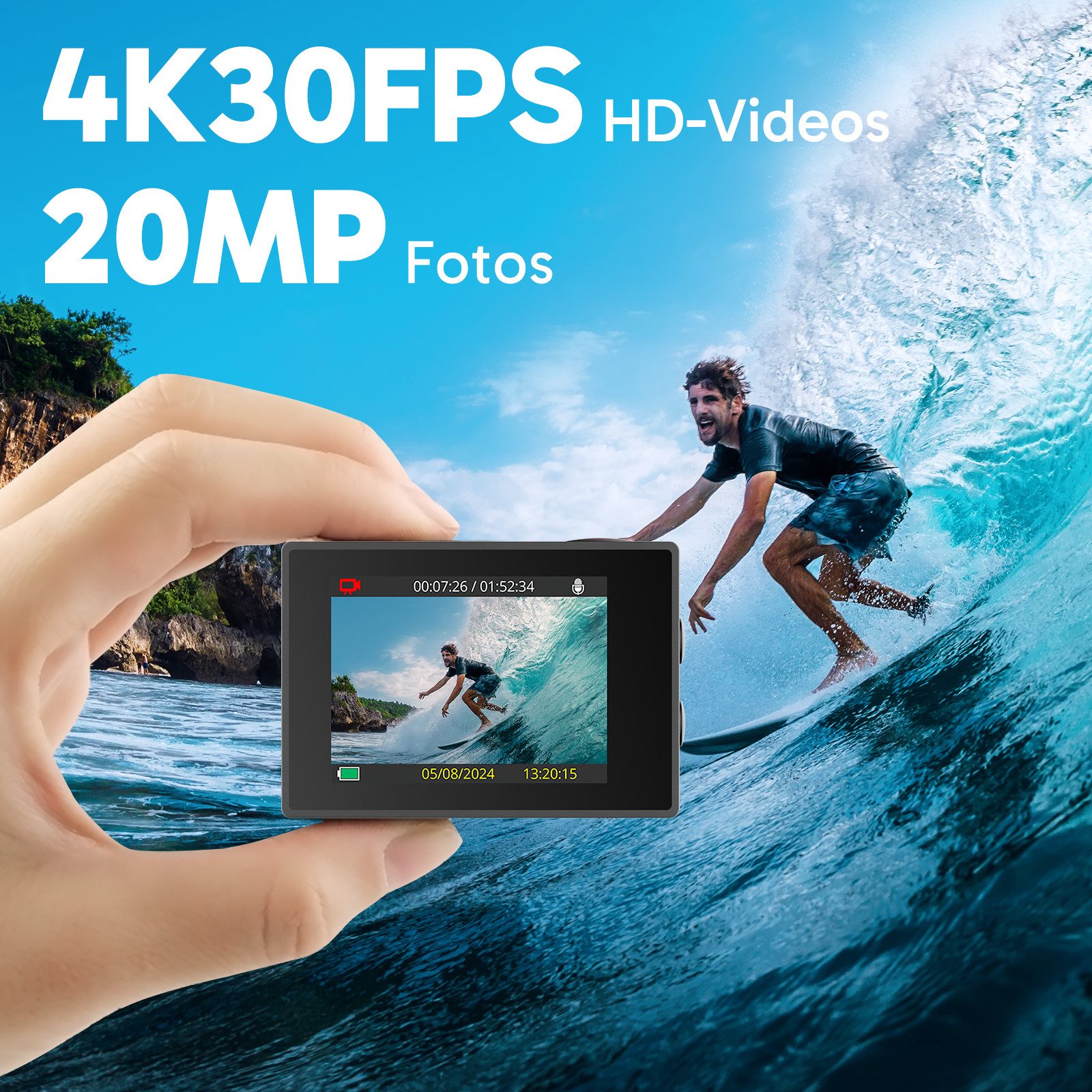 Akaso EK7000 Action Cam (4K Ultra HD, WLAN (Wi-Fi), 30M wasserdicht, 170°Ultra Weitwinkelt, Fernbedienung)