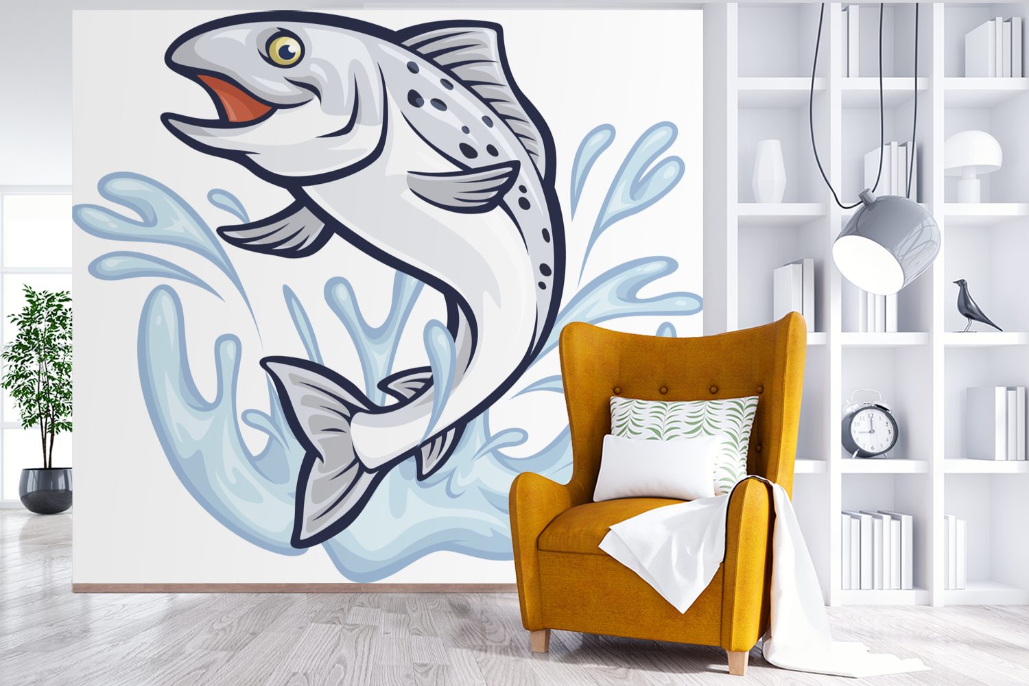 MuchoWow Fototapete Illustration eines Fisches im Matt, Tapete (5 bedruckt, für Montagefertig Vinyl Wandtapete Wasser, Wohnzimmer, St)