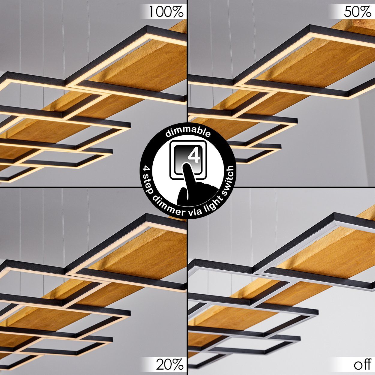 hofstein Pendelleuchte »Palermo« dimmbare Hängelampe aus Metall/Holz in Schwarz/Natur, 3000 Kelvin, über Lichtschalter dimmbar, mit Holzbalken, LED, 2800 Lumen