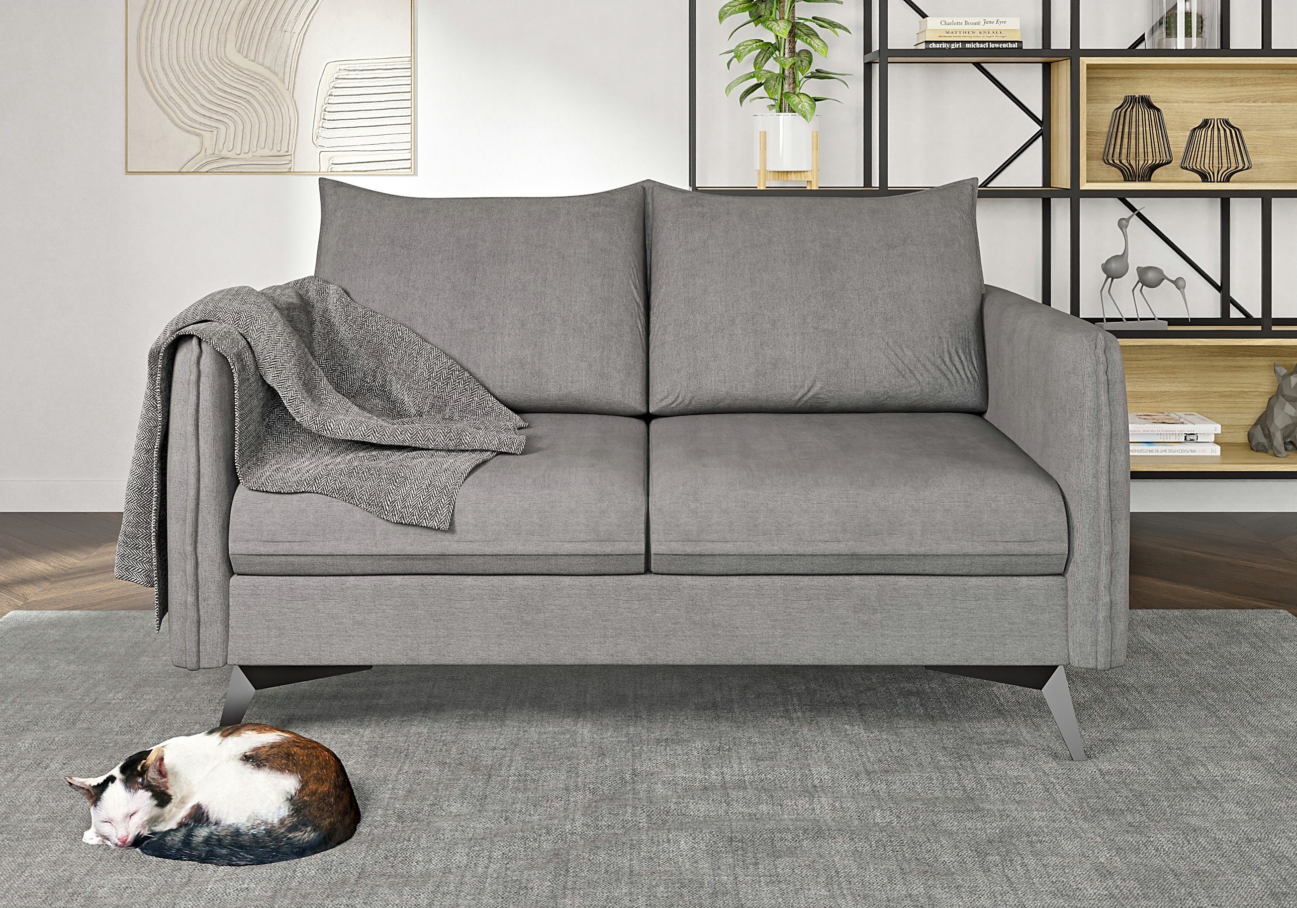 S-Style Möbel 2-Sitzer Modernes mit Füßen, Metall Azalea mit Schwarz Wellenfederung Sofa Grau