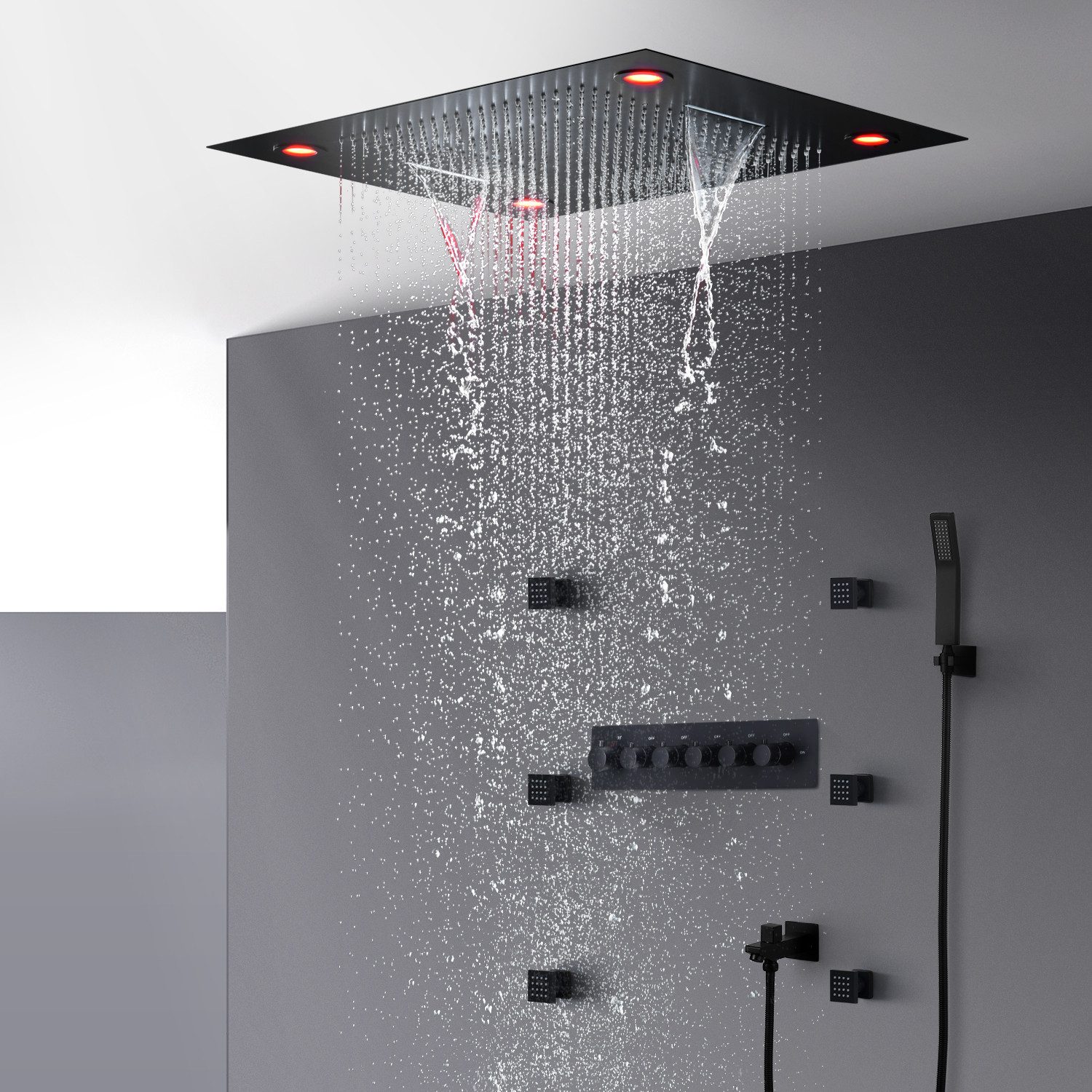 Oihpaw Duschsystem 5 Funktions RGB Thermostat, 12 LED Lichtfarben,600x800mm, 1 tlg., Regenmodus, Wasservorhang, Massage Wasserfall, Handbrause