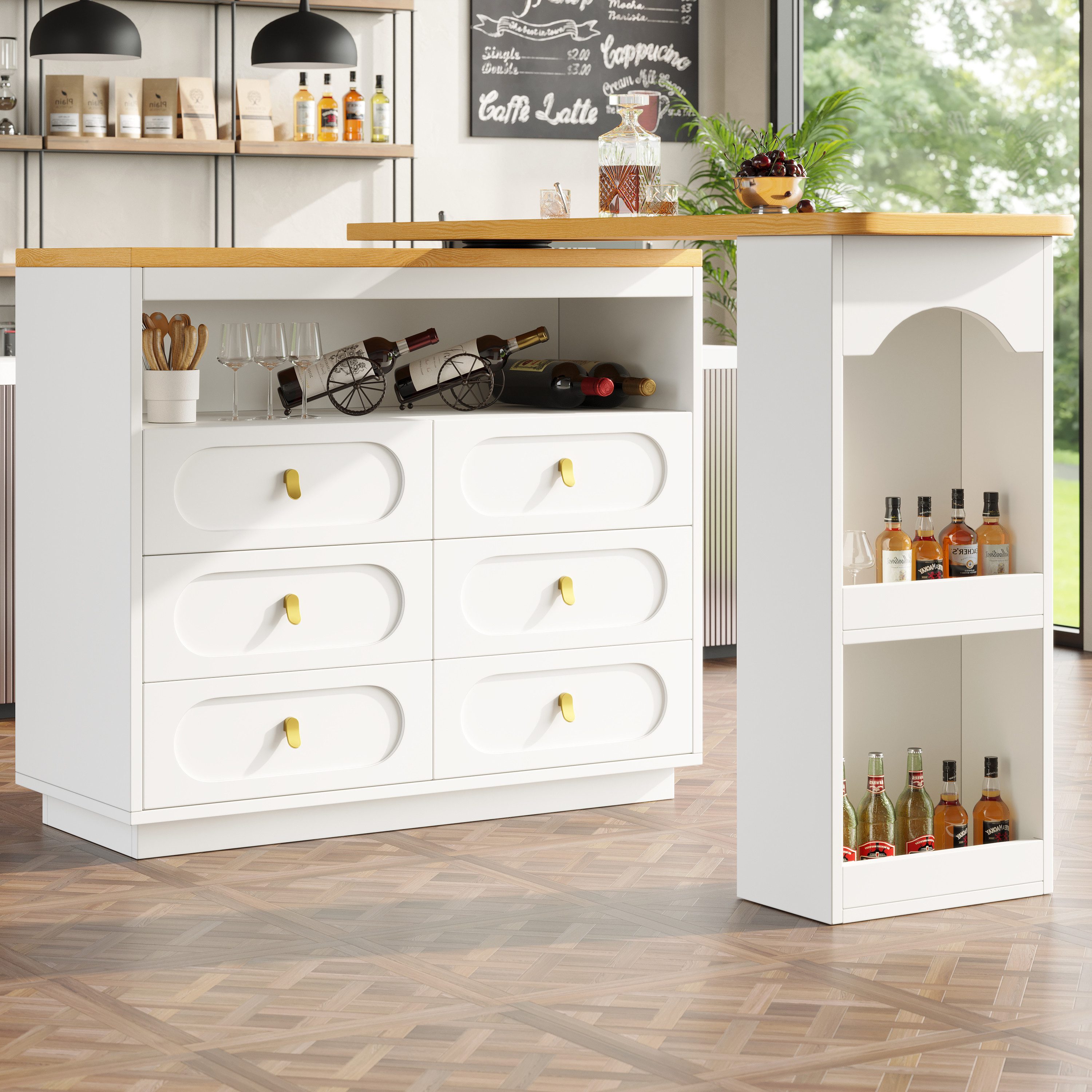 HAUSS SPOLE Bartisch mit 6 Schubladen,Kücheninsel Küchenschrank Rollbarer mit Drehfunktion (Moderner Ausziehbarer Bartisch mit 360° Drehfunktion, LED-Beleuchtung & Stauraum, 1-St., 137-203×39×90cm), 360° drehbare Essbar mit Stauraum