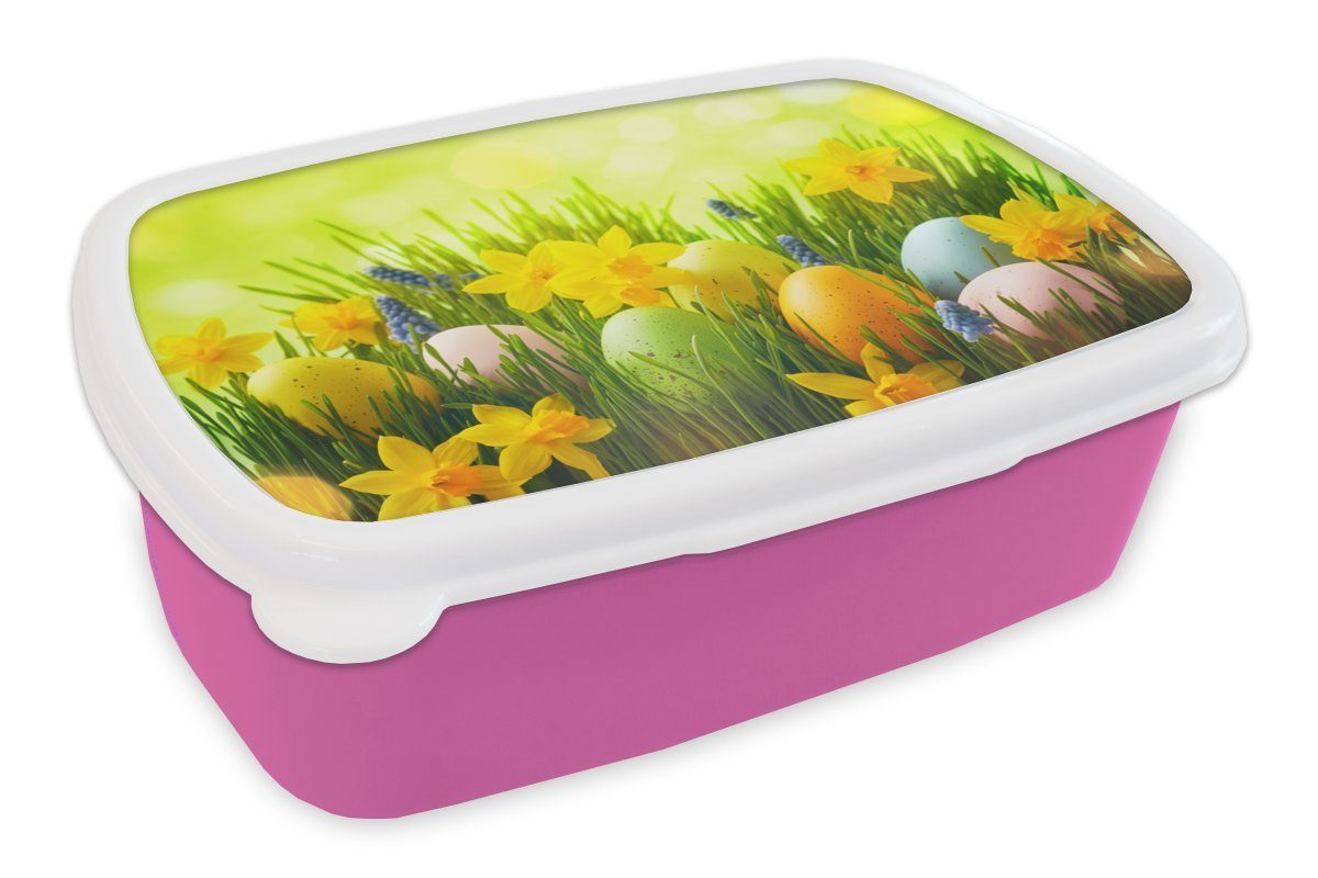 MuchoWow Lunchbox Ostereier - Frühling - Narzisse, Kunststoff, (2-tlg), Brotbox für Erwachsene, Brotdose Kinder, Snackbox, Mädchen, Kunststoff rosa