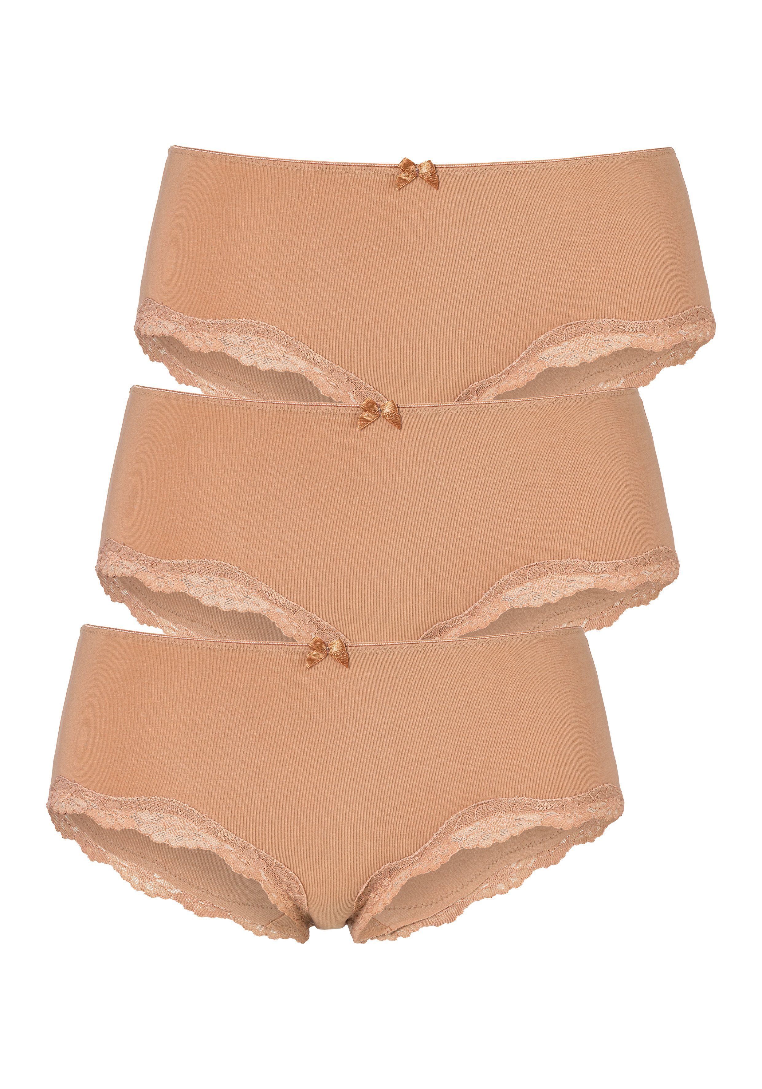 LASCANA Panty (Packung, 3-St) aus elastischer Baumwolle mit zarter Spitze beige