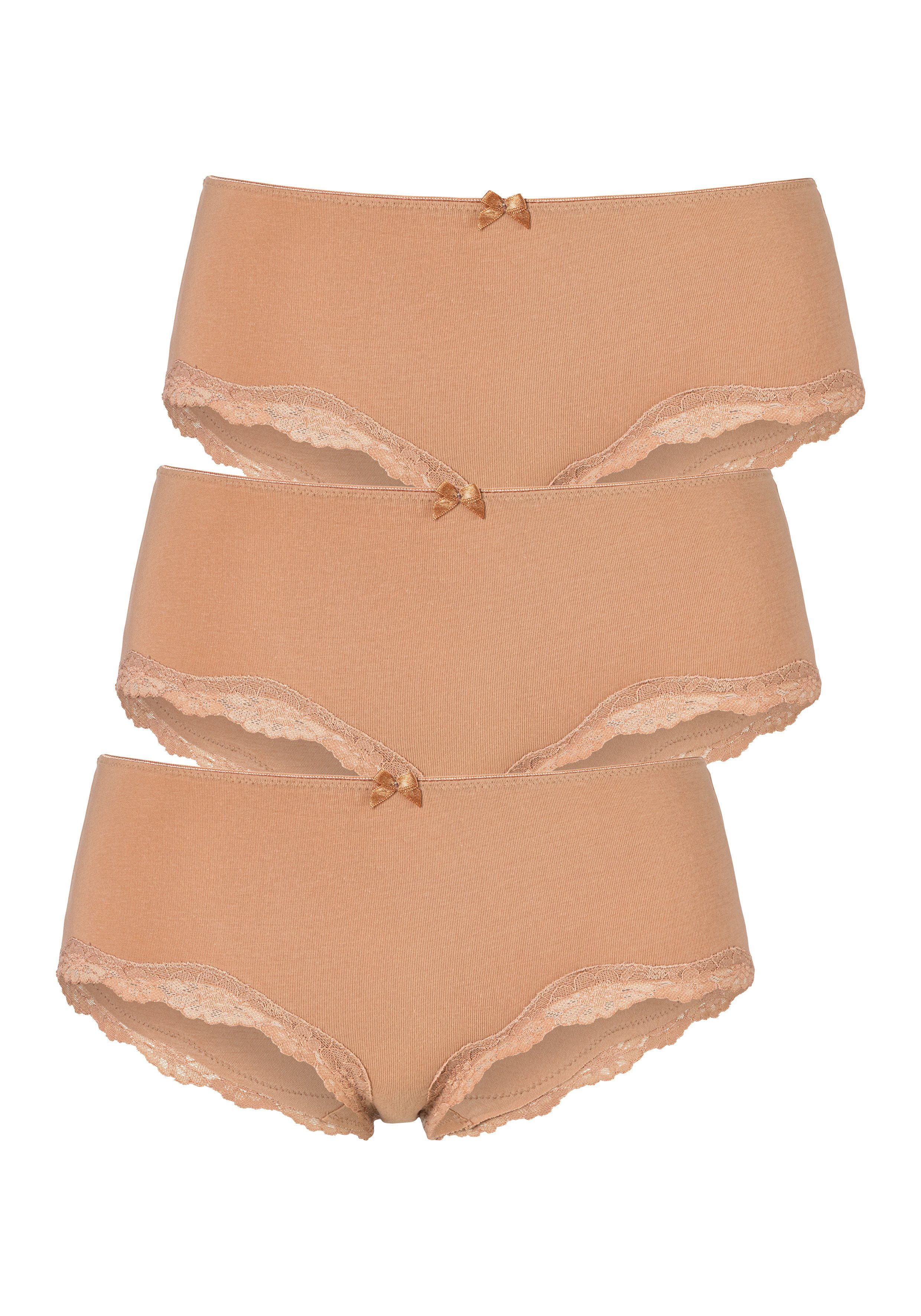 beige elastischer (Packung, Panty LASCANA aus zarter Baumwolle 3-St) mit Spitze