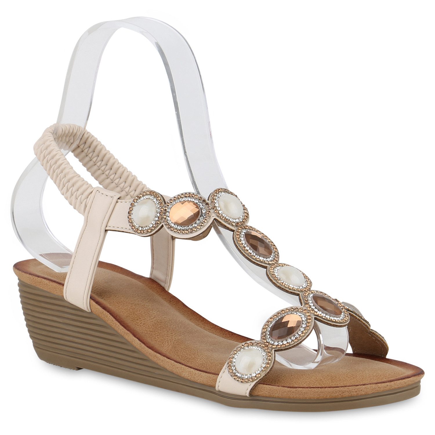 VAN HILL 840957 Keilsandalette Damen Keilsandaletten Sandaletten Strass Zierperlen Sommer