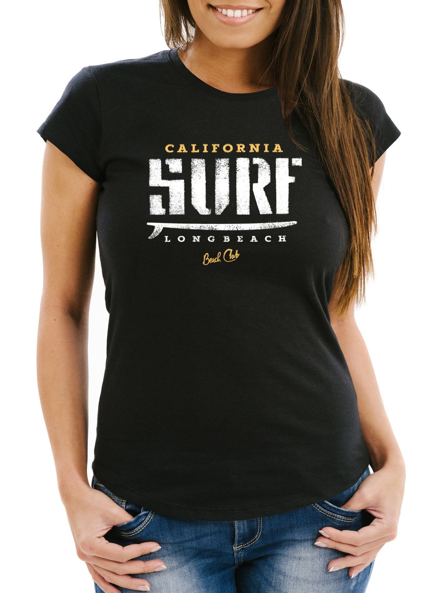 Print-Shirt Kultiges Damen T-Shirt California Surf-Brett Logo Slim Fit Neverless®