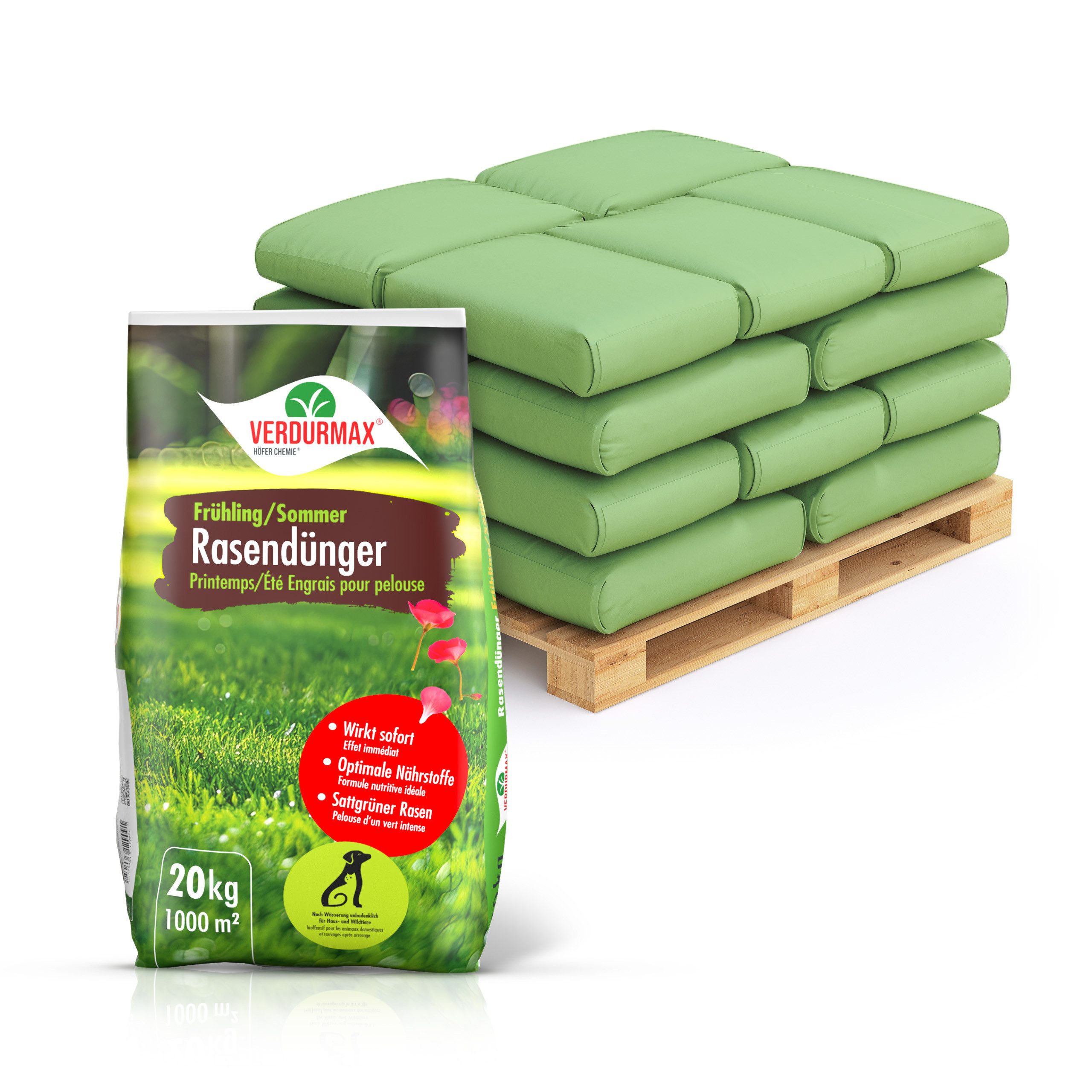 Höfer Chemie GmbH Rasendünger 20 x 20 kg VERDURMAX® Rasendünger Frühling / Sommer, Granulat, 20-St., Nährstoffreicher Dünger für kräftiges Wachstum