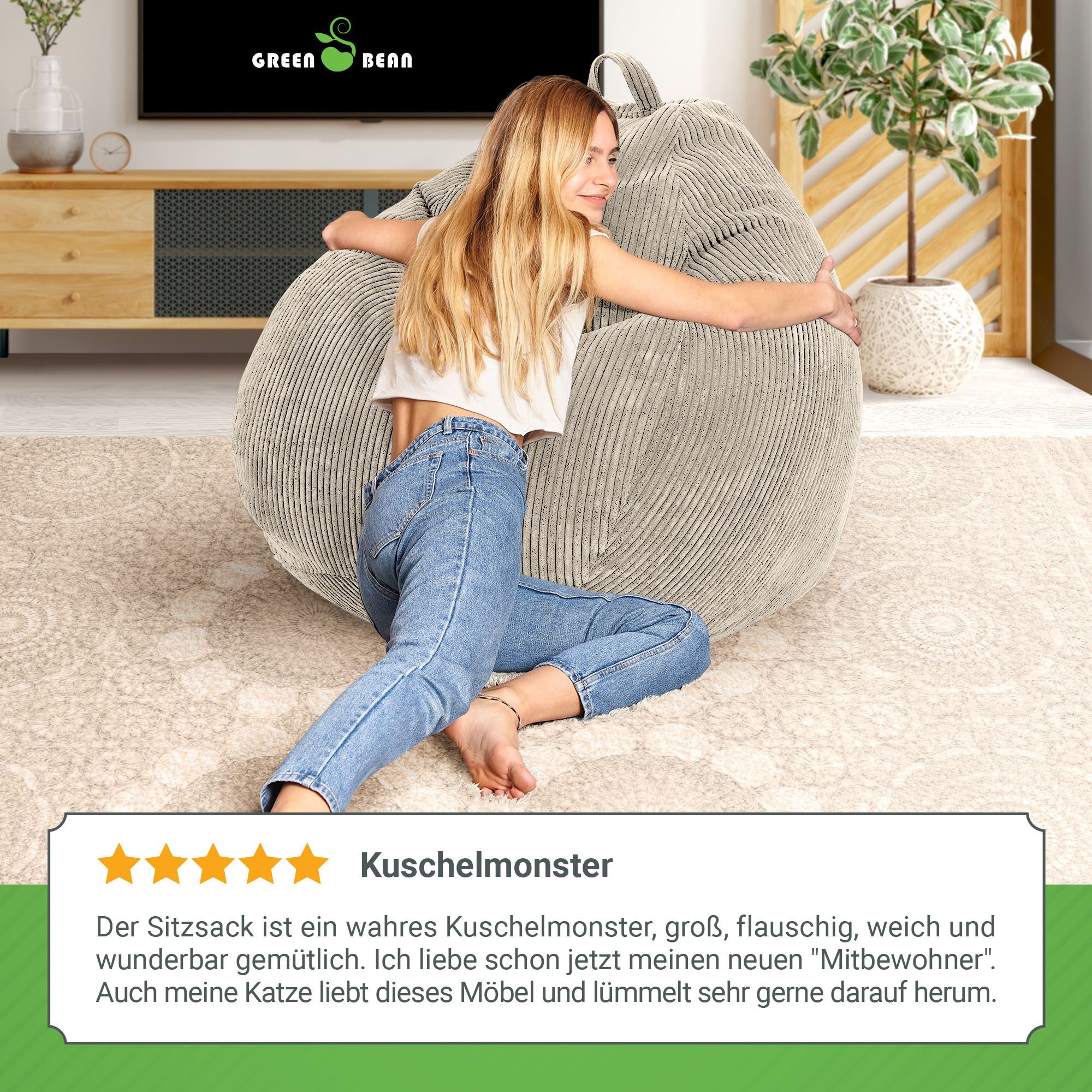 Green Bean Sitzsack Indoor Sitzsack Scoop 90x110cm - Cord (Indoor Sitzsack 90x110cm aus Cordstoff mit EPS-Perlen Füllung, Kuschelig Weich Waschbar - Drinnen Bod – Bild 4 von 5