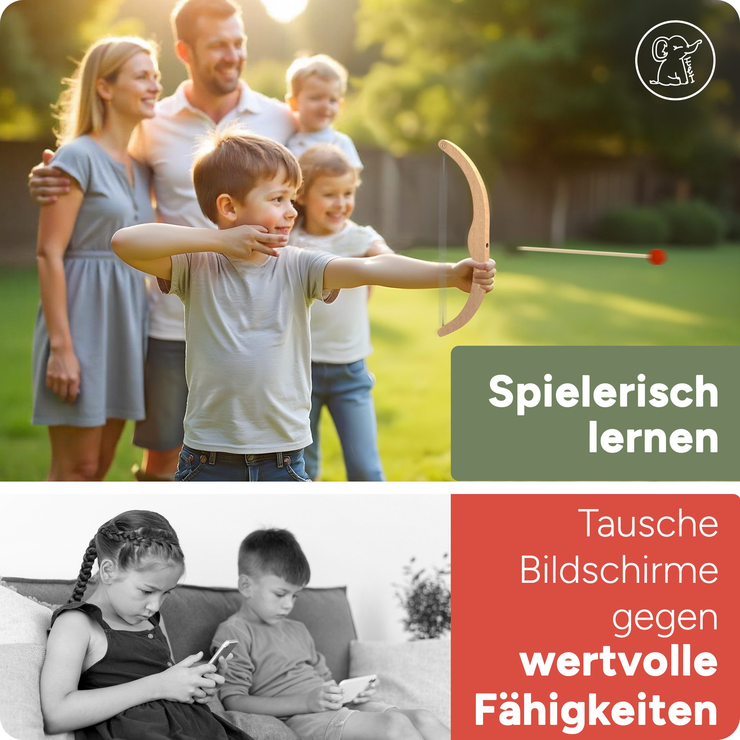 Eli Kinderbogenset Pfeil und Bogen für Kinder mit 6 Pfeilen aus Filz- 3 Zielscheiben (Baumwollrucksack - Bogenschießen Kinder, 11-tlg., Spielzeug ab 3 Jahre - Holzspielzeug), Innen - und Outdoor