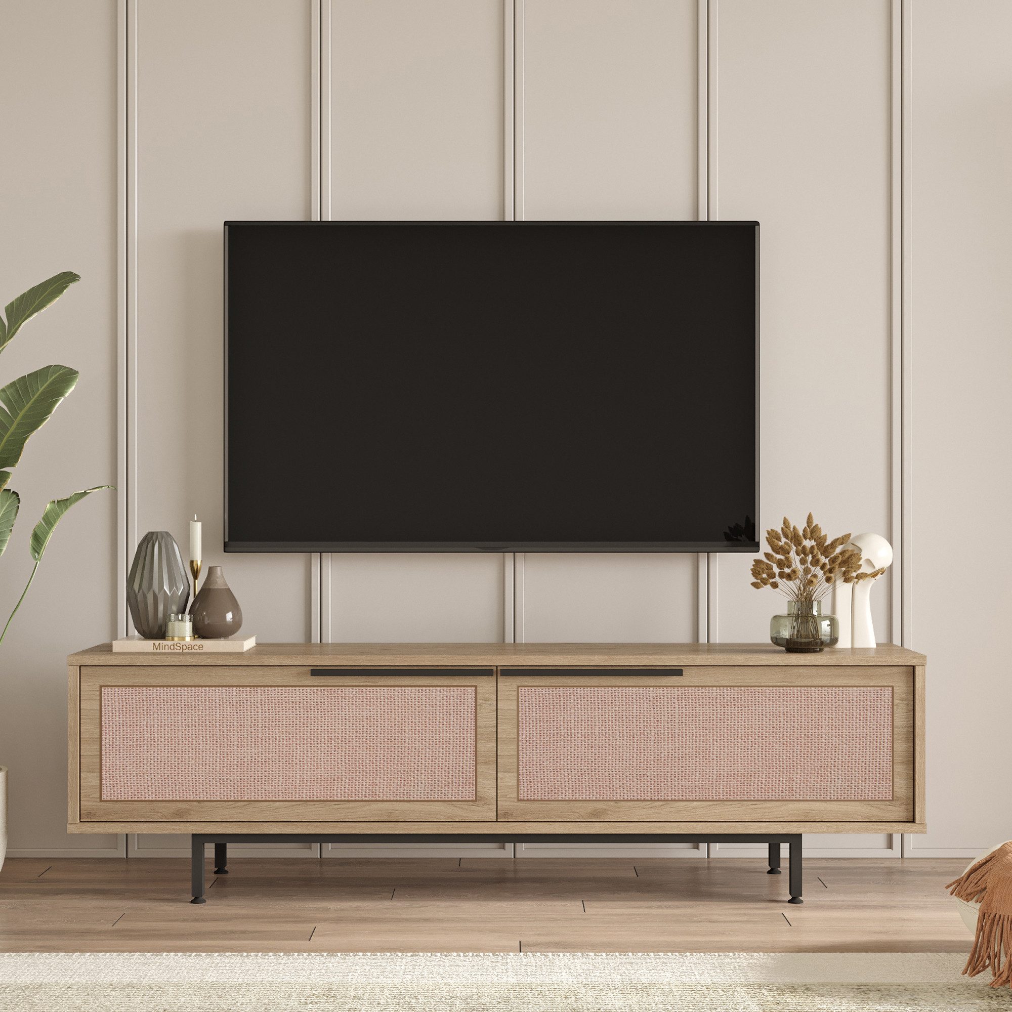 en.casa TV-Schrank »Kvænangen« mit 2 Türen 160x36x45 cm Eichen-/Rattanoptik günstig online kaufen