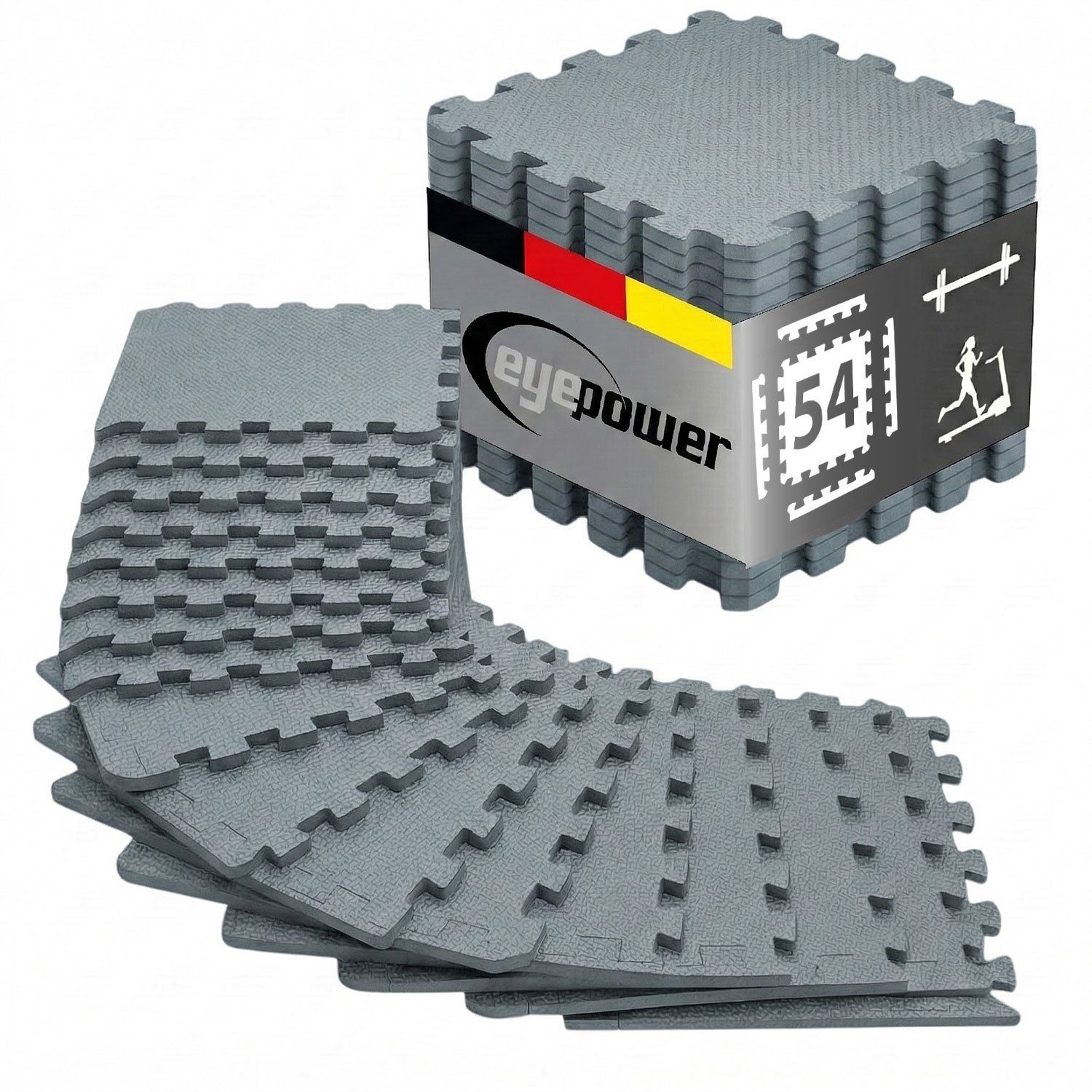 eyepower Puzzlematte XL für Zuhause - 4,8 m² Trainingsmatte mit Rand - 54 Home Gym Matten, 30 x 30 x 1 cm Bodenschutzmatte Sport und Gymnastik - EVA Bodenmatte