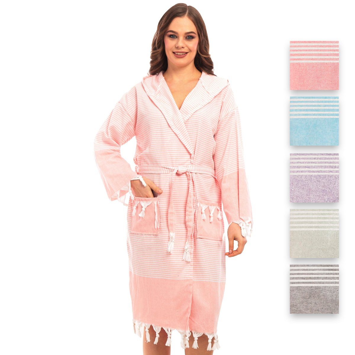 herémood Bademantel herémood Bademantel Damen & Herren Unisex – Weich & Leicht, Langform, 100% Baumwolle, mit Kapuze, & Gürtel, Hamamtuch-Stil mit Taschen – Ideal für Sauna, Spa, Hotel & Zuhause