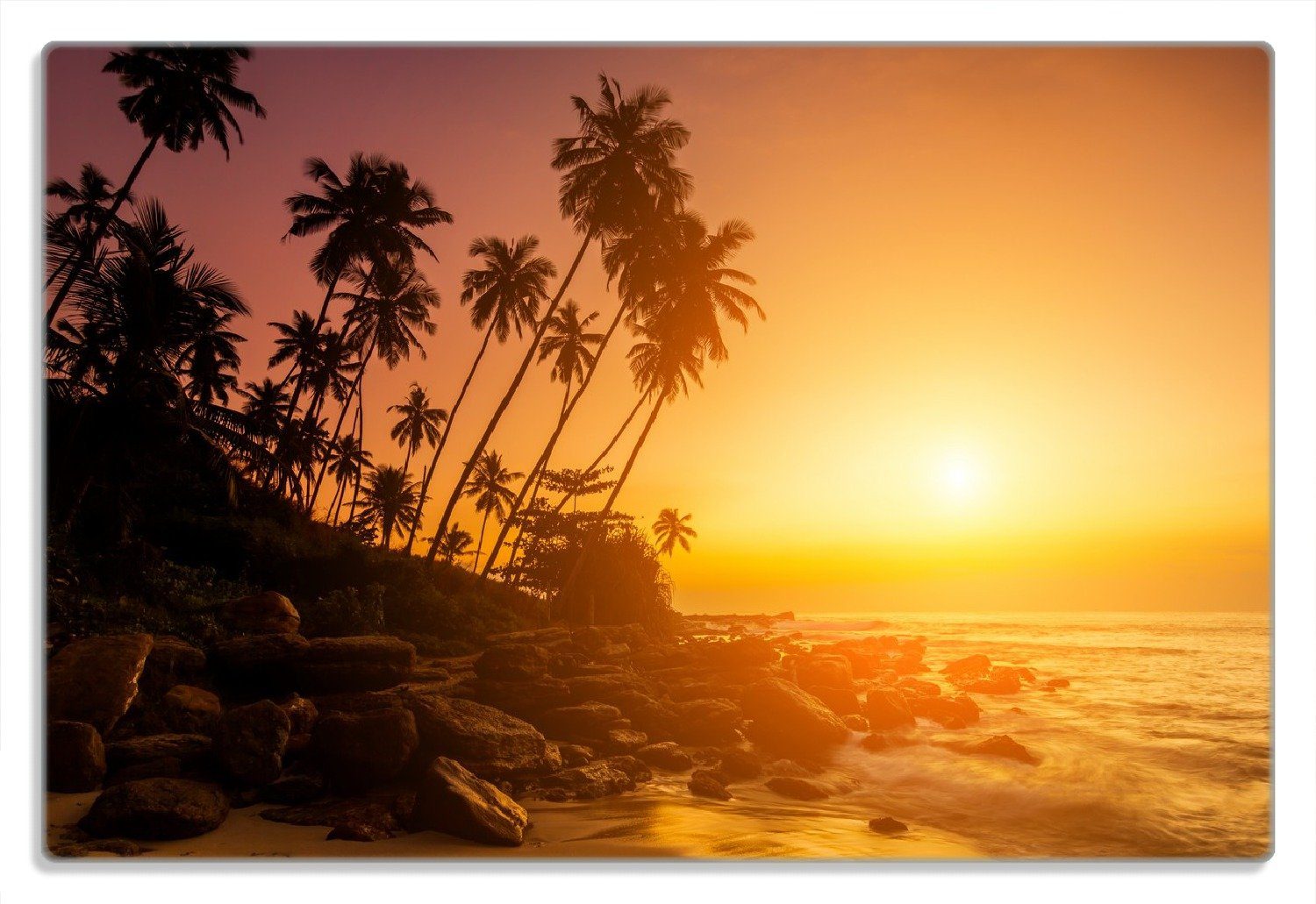 Wallario Frühstücksbrett Kokospalmen am Abend - Sonnenuntergang in Sri Lanka, (inkl. rutschfester Gummifüße 4mm, 1-St), 20x30cm | Frühstücksbrettchen