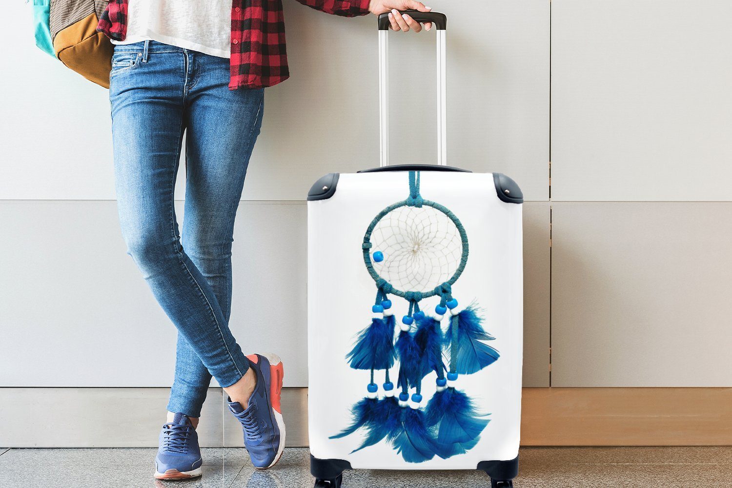MuchoWow Handgepäckkoffer Ein blauer Traumfänger Ferien, Trolley, weißen mit Rollen, einem 4 für Reisekoffer Reisetasche Hintergrund, Handgepäck vor rollen
