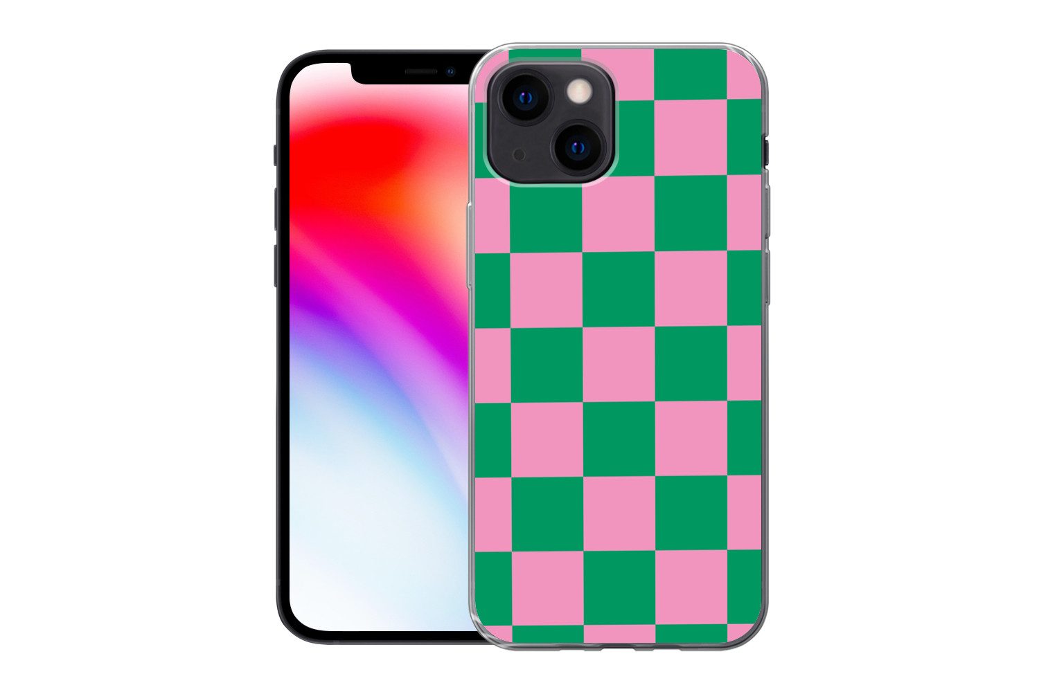 MuchoWow Handyhülle für Apple iPhone 13 mini Schachbrettmuster - Grün - Rosa - Würfel, Smartphone-Bumper, Print, Handy Schutzhülle Dünn