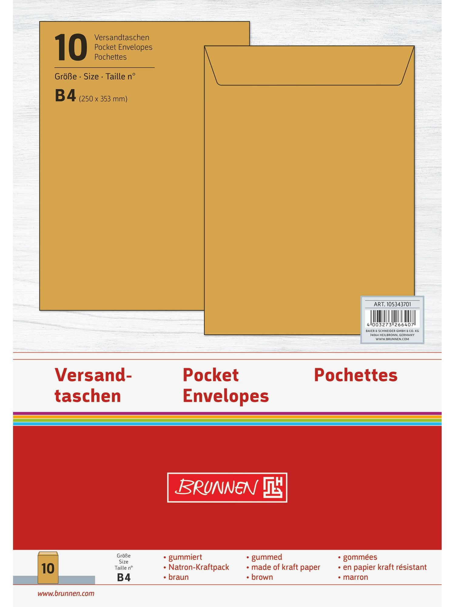 Baier & Schneider Versandtasche Versandtaschen B4 aus Natron-Kraftpapier 10 Stück, gummierte Klappe