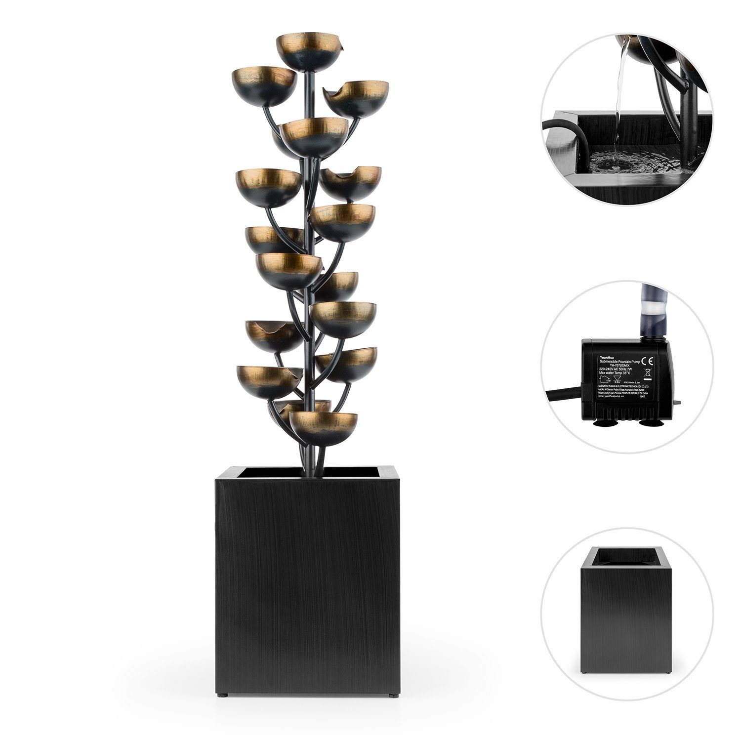 blumfeldt Wasserspiel Joshua Tree Gartenbrunnen 7W 17 Schalen 10m Kabel Indoor+Outdoor, 26 cm Breite, Zierbrunnen Zimmerbrunnen Wasserspiel mit LED & Wasserkreislauf