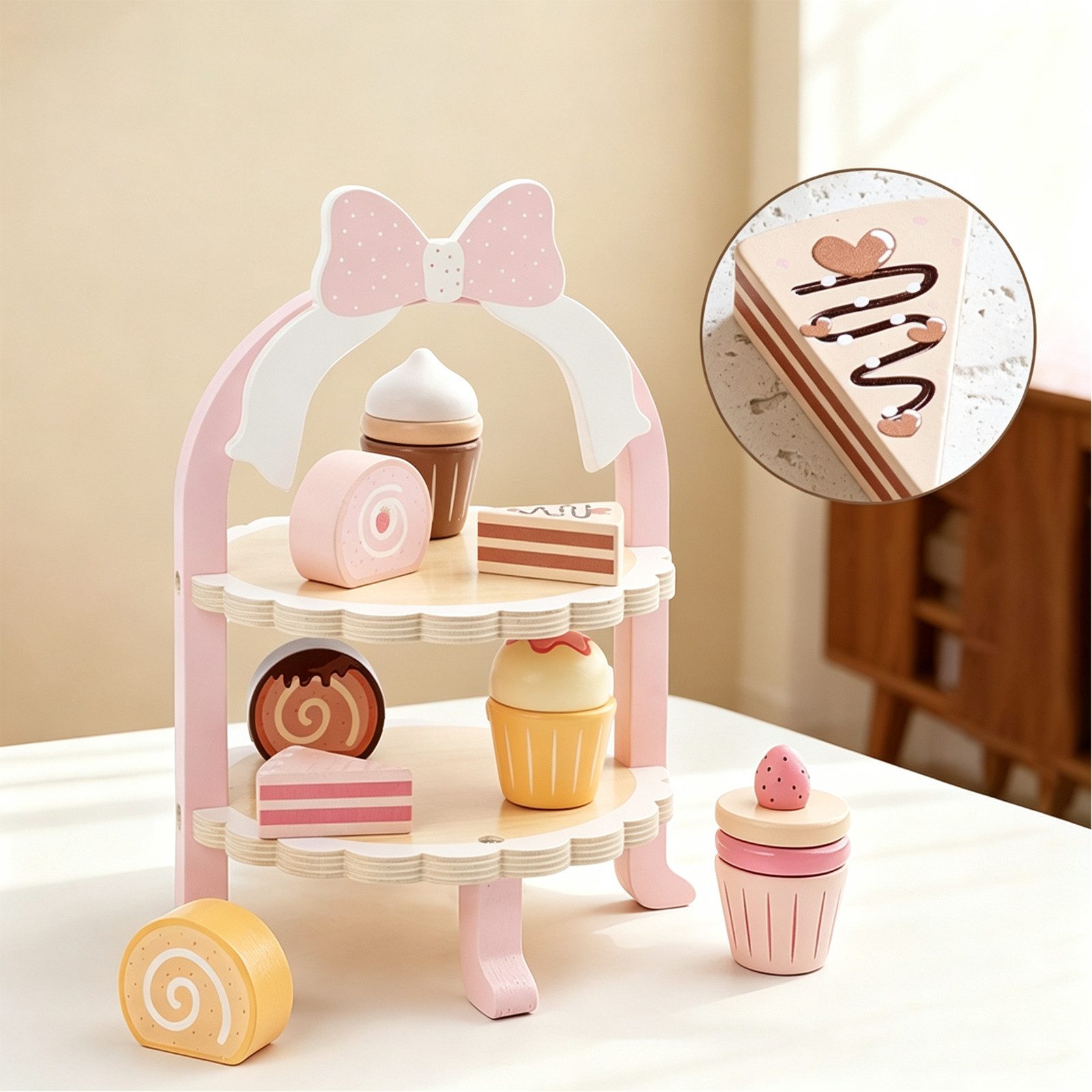 Esun Spielküche Kinderküche Spielküche Zubehör Holz, Teeservice Kinder Teeset aus Holz, Kinderspielzeug Tee Set mit Ständer, Teeparty ab 3