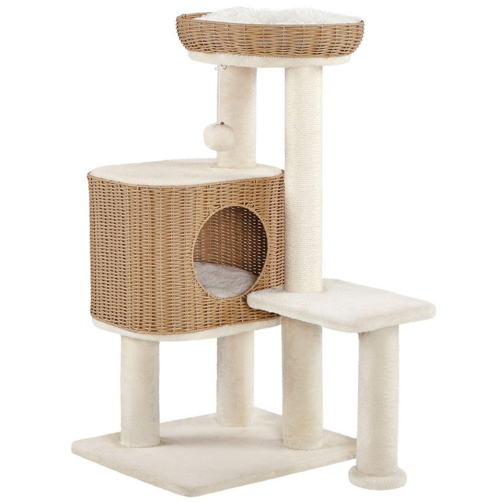 Yaheetech Kratzbaum 91 cm (H), Katzenbaum mit Liegeplatz & Katzenhaus & Plüschball, Rattan-Optik