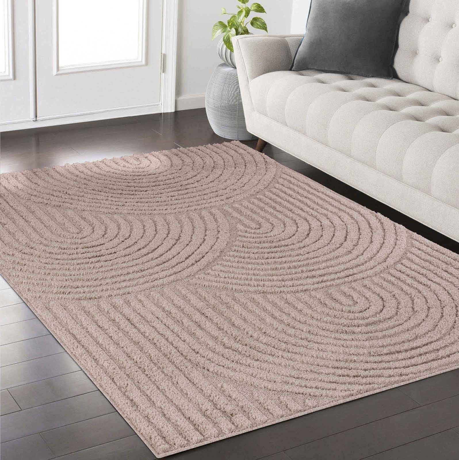 uni, moderner Wohnzimmer Designerteppich scandi TaraCarpet, 080x150 beige BOHO Schlafzimmer Tokio cm rechteckig, Höhe: Flur hoch-tief 20 mm, Struktur Wellen Designteppich