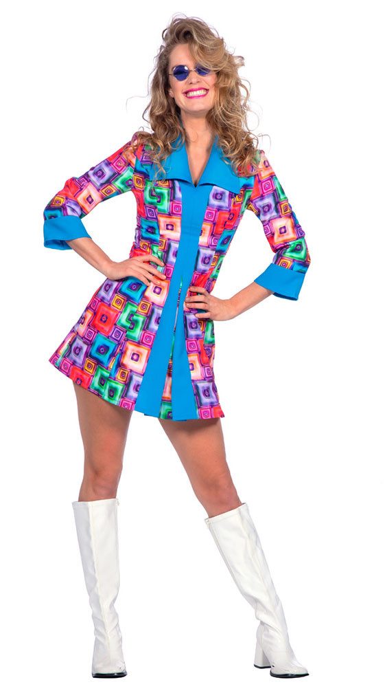 Karneval-Klamotten Kostüm Disco 70er Jahre Damen Schlager Kleidung Psycho, Schlagermove Outfit auffällige Farben Frauenkostüm Karneval Fasching