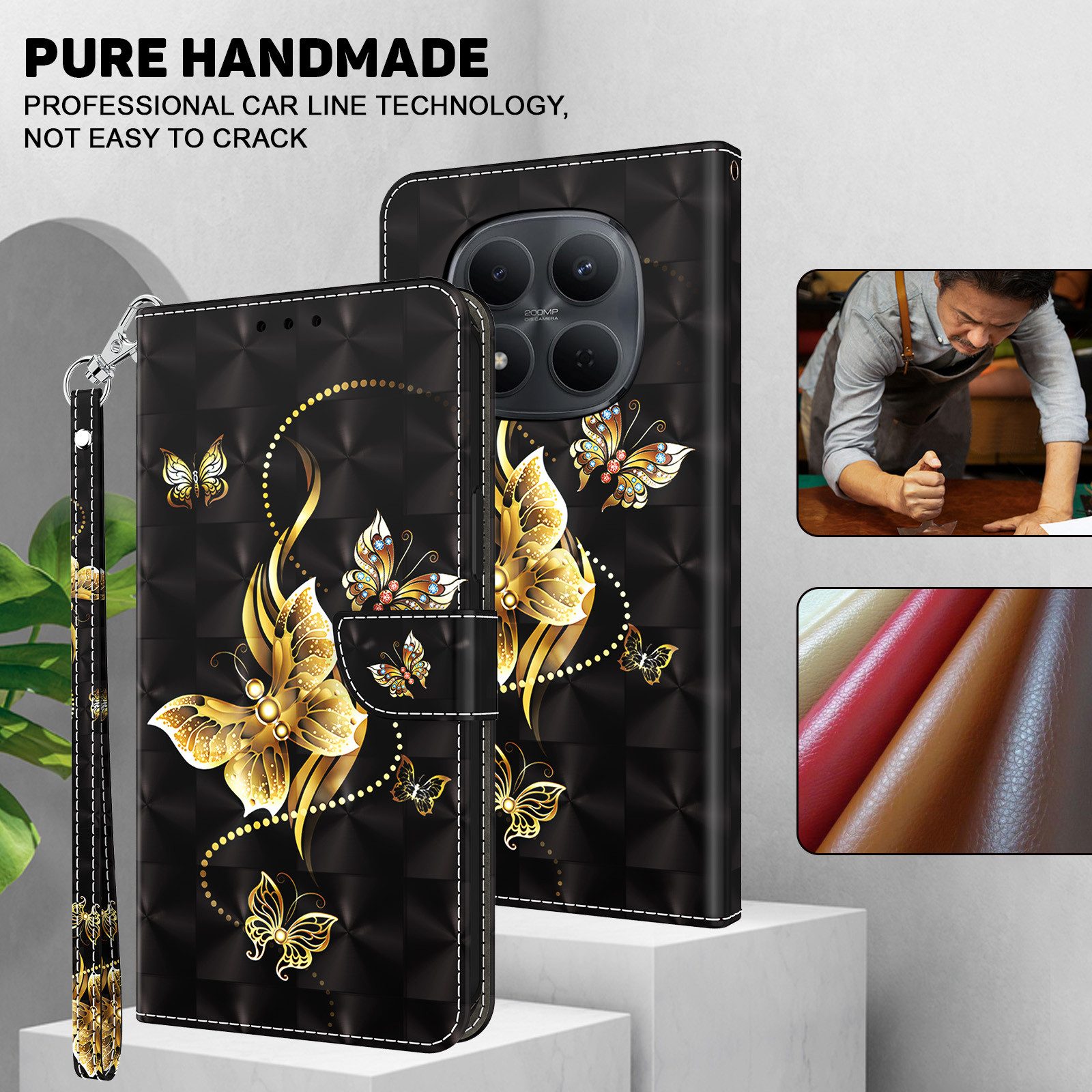 CLM-Tech Handytasche für Xiaomi Redmi Note 15 5G Klapphülle aus PU Leder (goldene Schmetterlinge schwarz, 1-tlg., Flip Case), Magnetverschluss, Standfunktion und Kartenfächer