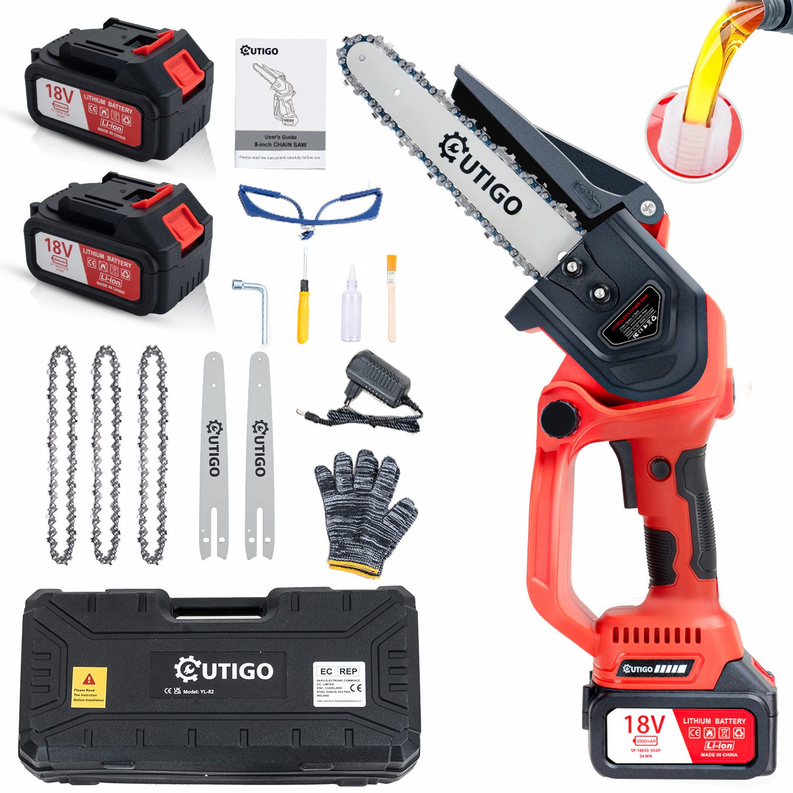 OUTIGO Akku-Kettensäge Akku Kettensäge 8 Zoll, set, 2 Akkus je 3Ah, 3 Führungsstange, 4 Sägekette, 6000mah akku, Bürstenlosen Motor