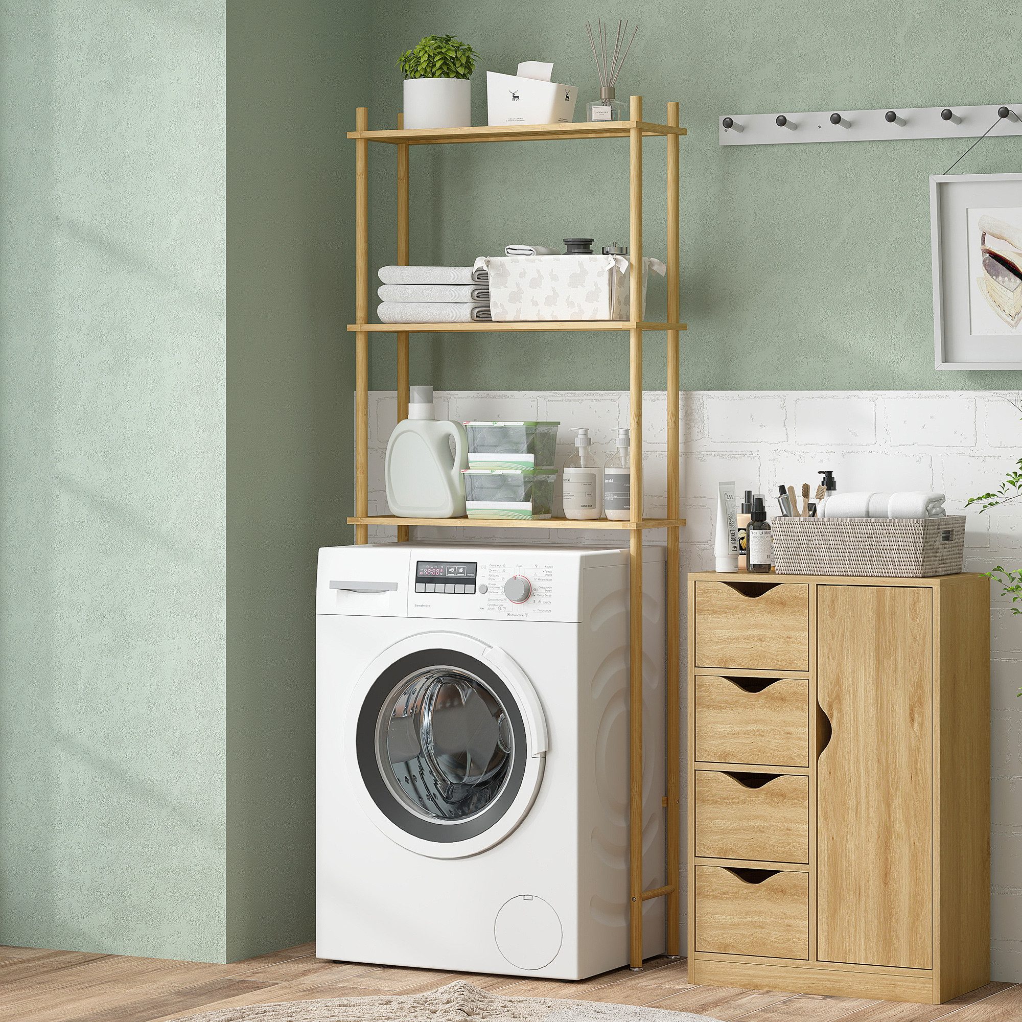 HOMCOM Badregal mit Umkippschutz, platzsparend, 3 Ebenen Toilettenregal 1-tlg., für Waschküche, Land Stil, Naturholz