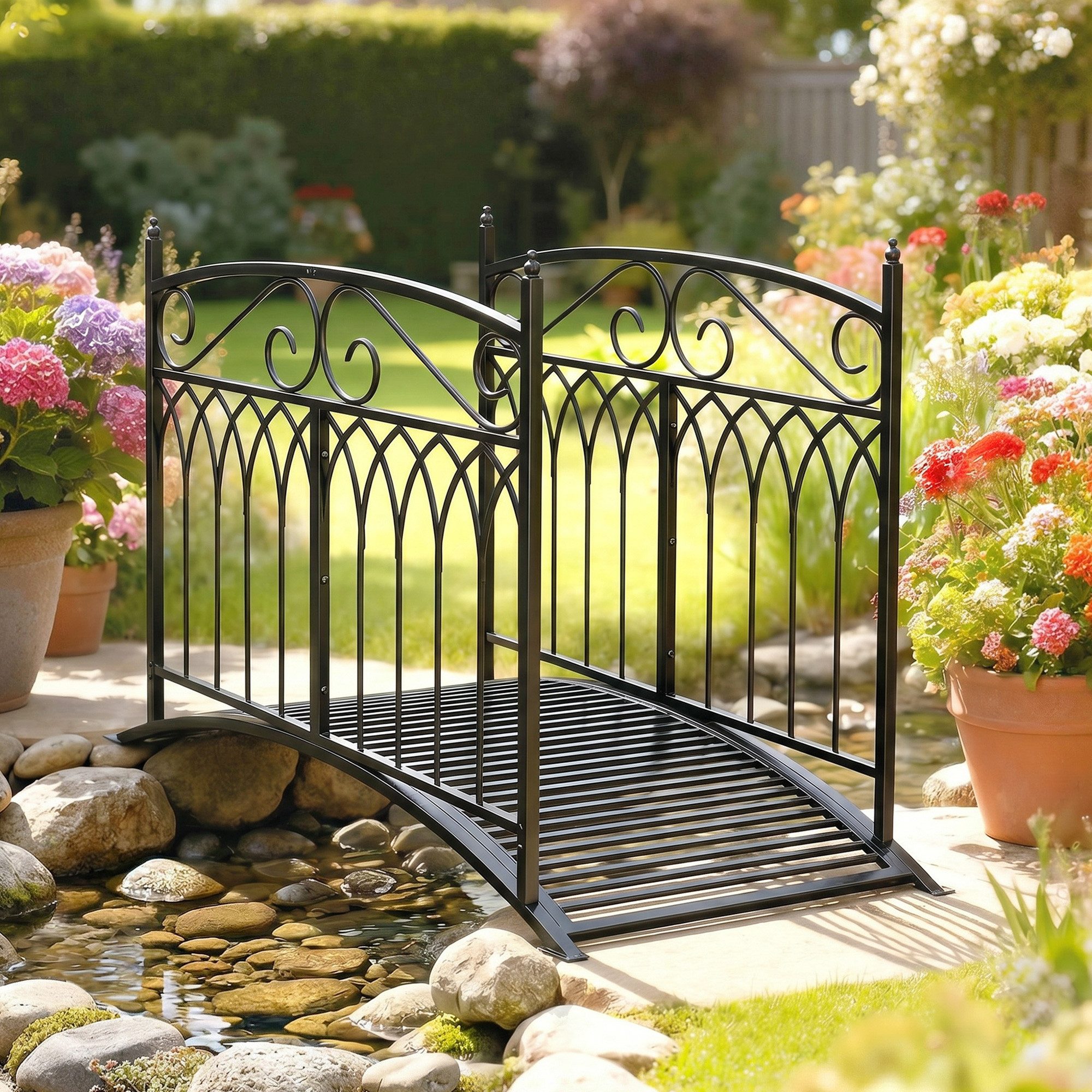 Outsunny Zierbrücke Gartenbrücke aus Metall Teichbrücke mit Sicherheitsgeländern, (Gartenbrücke, 1 St., Metallbrücke), für Bach Teich einfache Montage