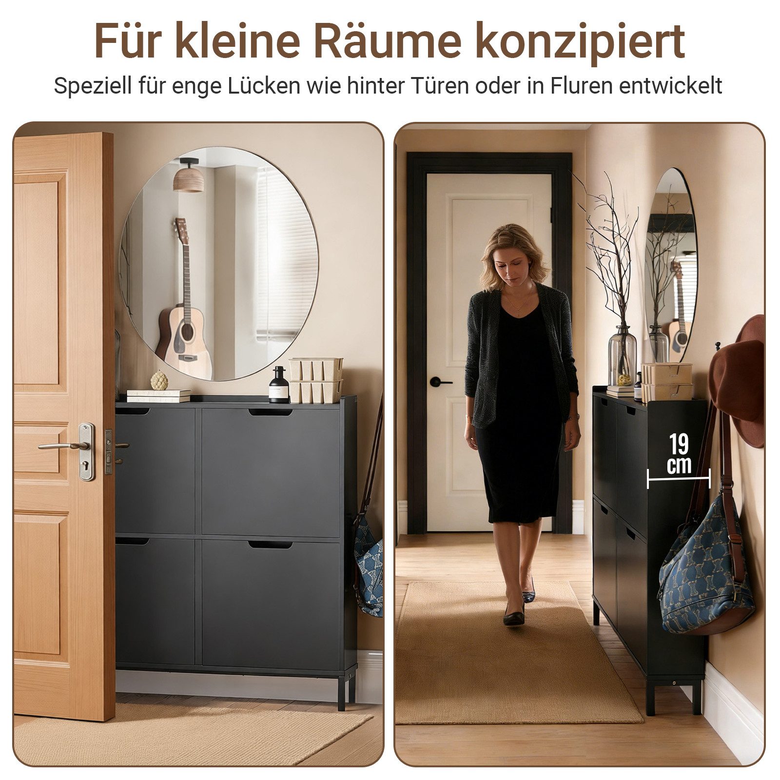SoBuy Schuhschrank FSR100, Schuhkipper Schuhregal Flurschrank Schuhkommode Schuhschrank schmal, mit 4 Klappen, für 8-12 Paar Schuhe, Diele, Flur – Bild 2 von 5