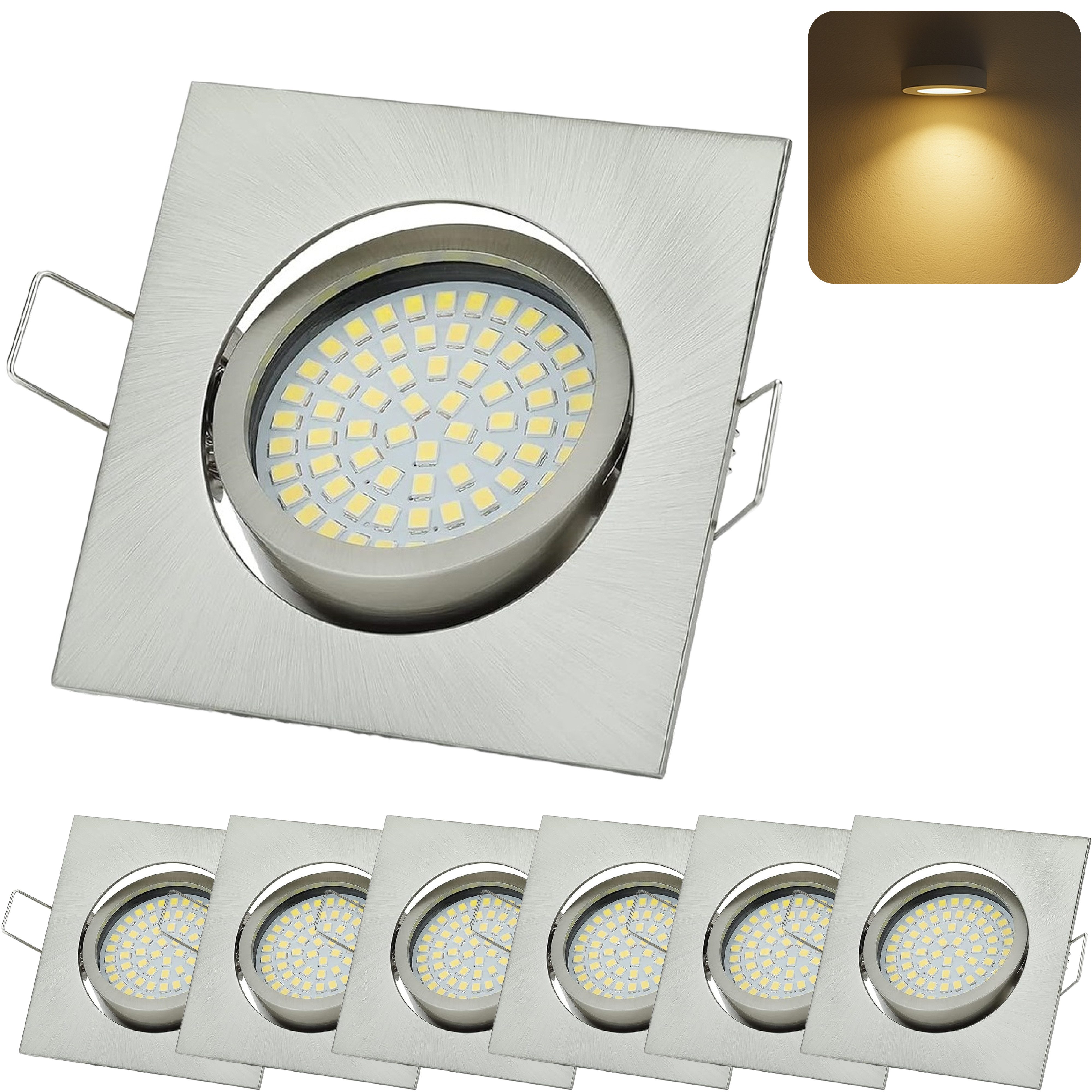 Sweet LED LED Einbaustrahler 6er SET schwenkbar LED Einbauleuchten 3,5W 3000K 230V eckig Chrom Spot, warmweiß, 3000K, Deckenspots, 82x82 mm, Einbauleuchten
