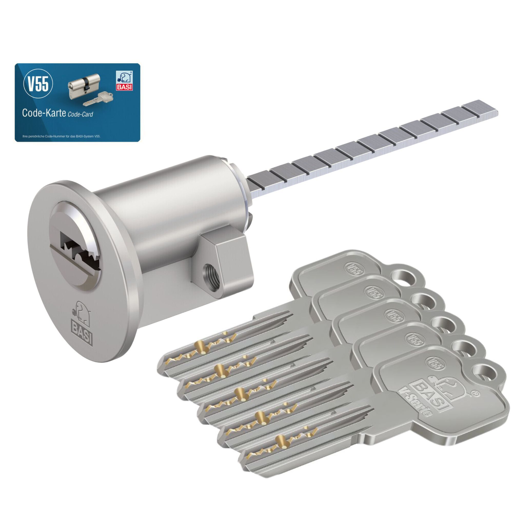 BASI Schließzylinder V55, Verschiedenschließend, diverse Längen, (Packung, 1-St), Außenzylinder für Türzusatzschlösser, 5 Schlüssel, Codekarte
